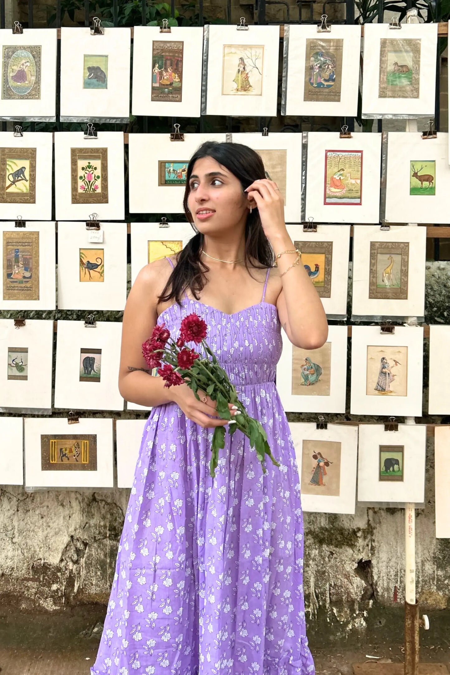 Purple Pure Cotton Hand-Printed Long Flower Maxi Dress with Pocket AMARAA
