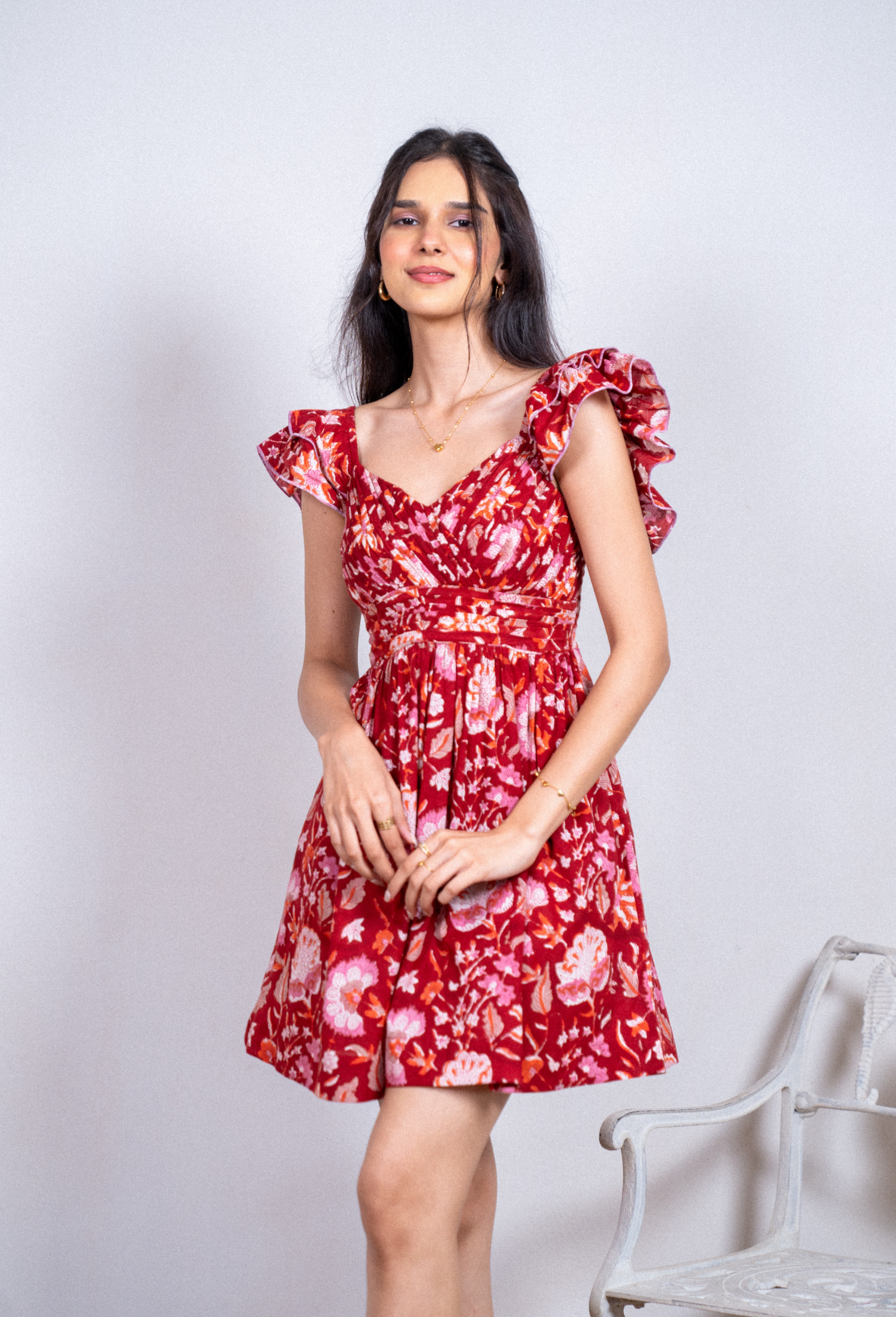 Red Hand Block Floral Printed Cotton Dress with Pocket