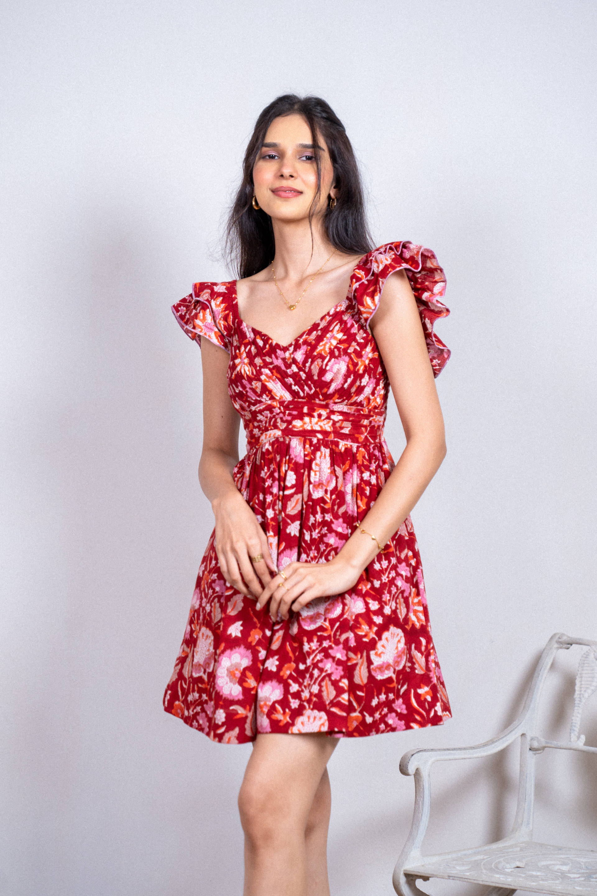 Red Hand Block Floral Printed Cotton Dress with Pocket