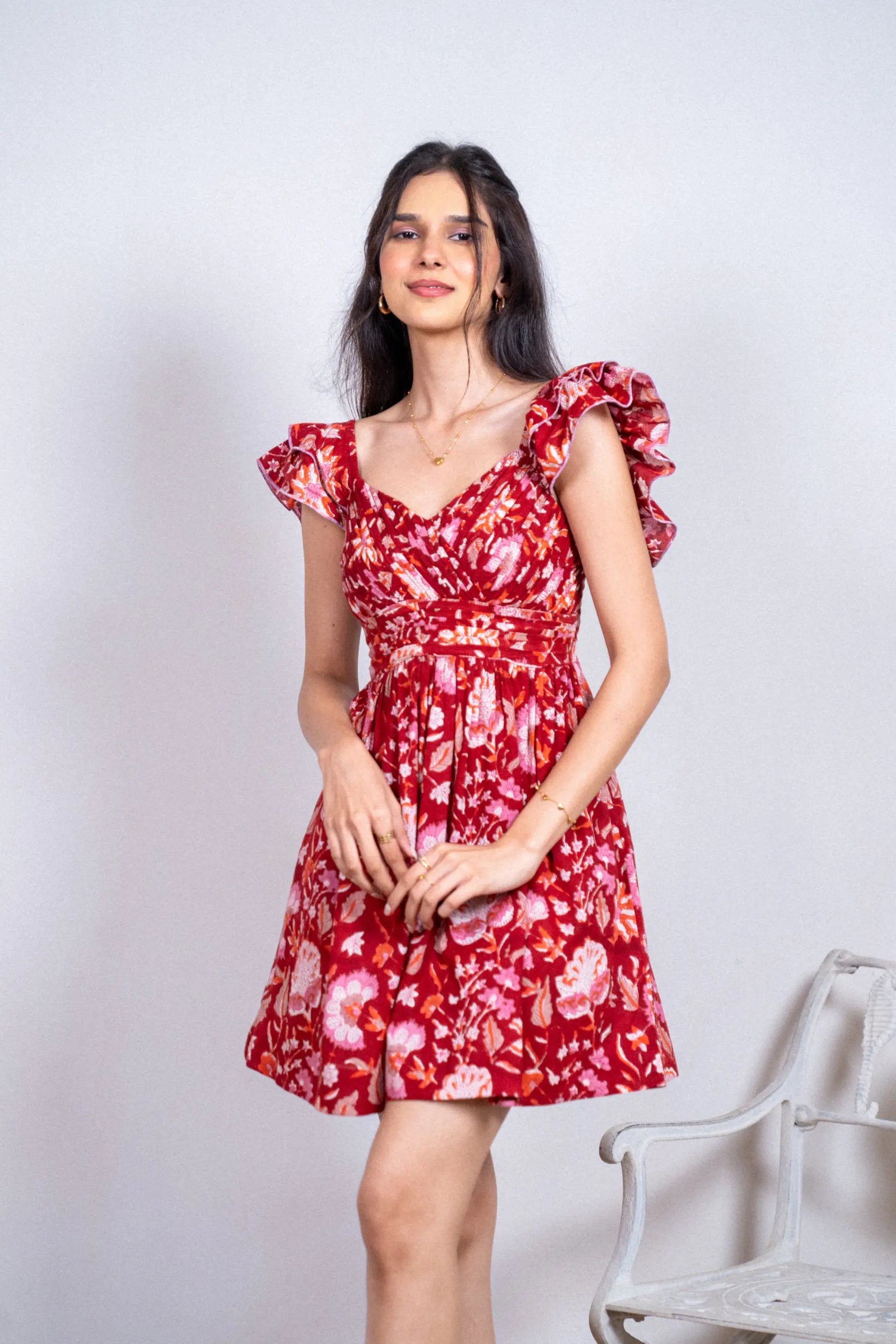 Red Hand Block Floral Printed Cotton Short Dress with Pocket and Back Smocking AMARAA