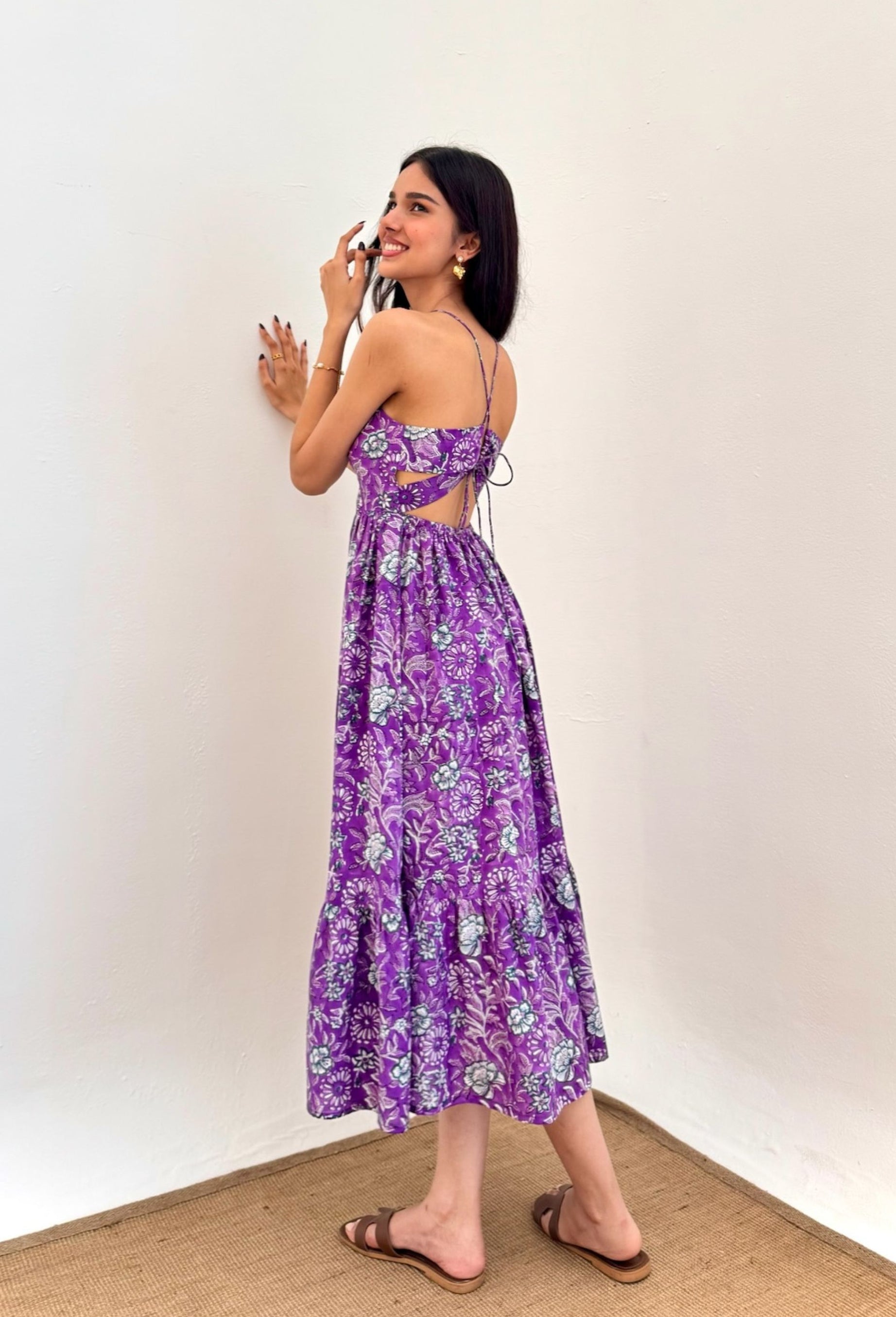 Purple Floral Hand Block Printed Cotton Dress with One Side Pocket