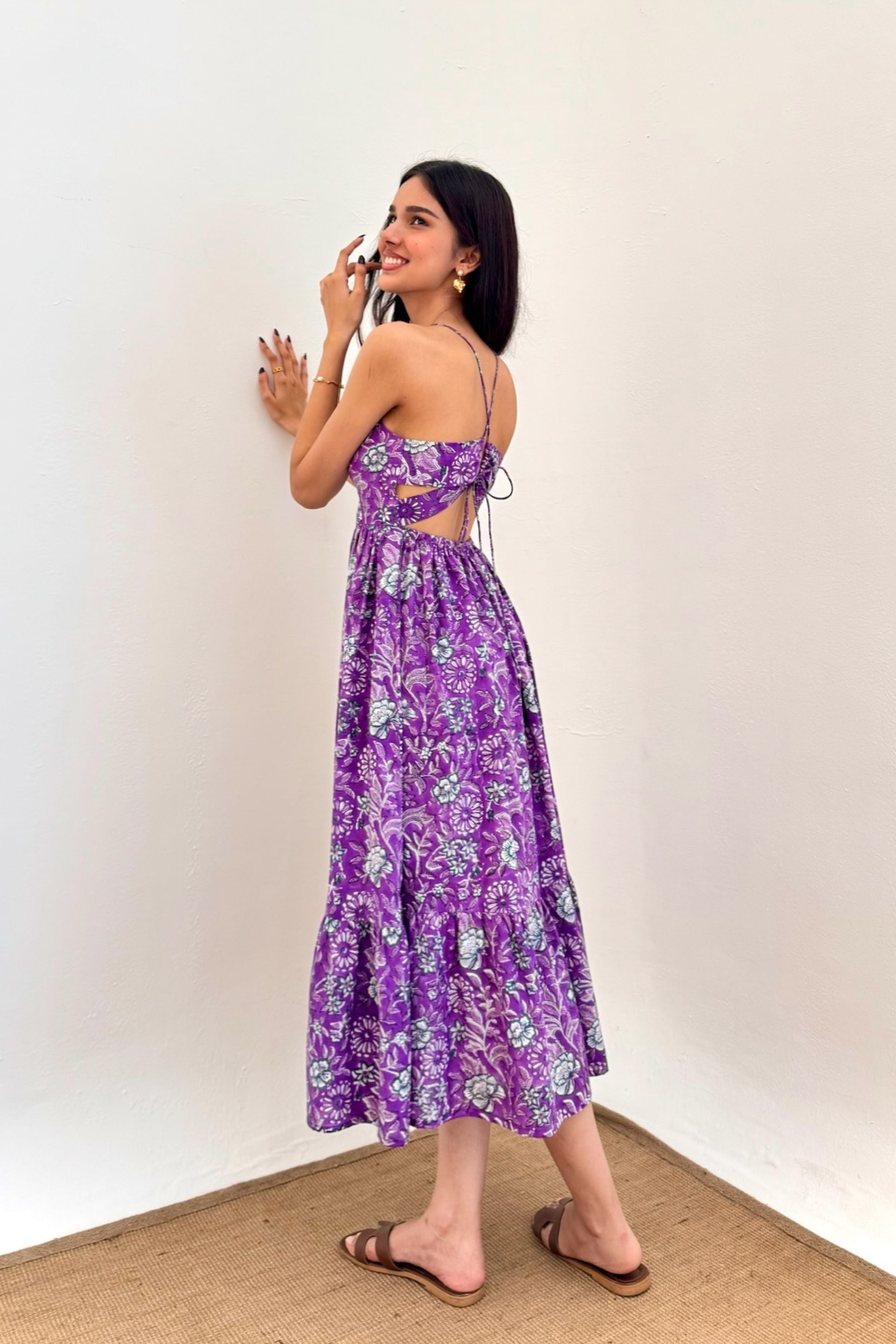 Purple Floral Hand Block Printed Cotton Dress with One Side Pocket