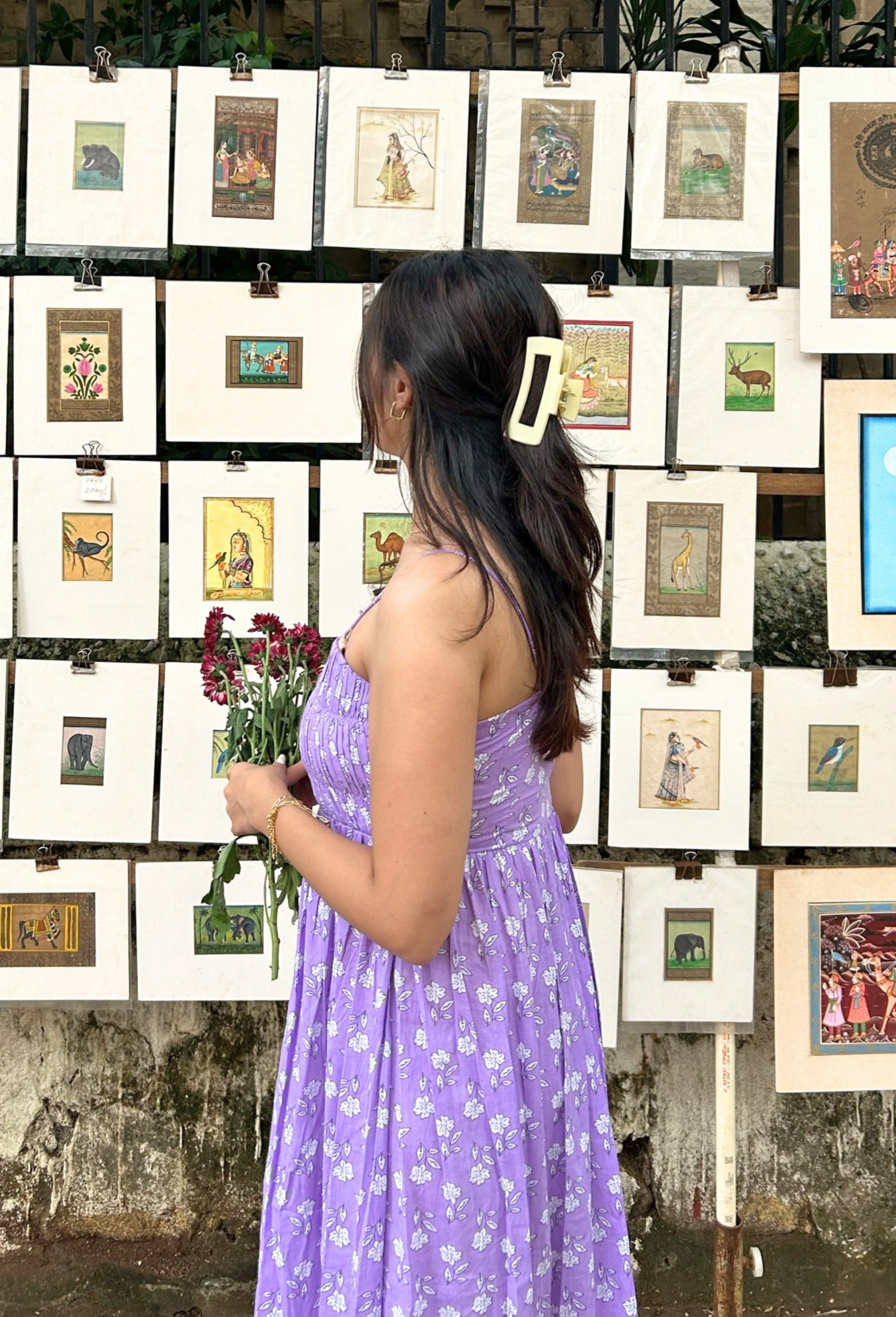 Lilac Pure Cotton Hand-Printed Long Flower Dress with Pocket AMARAA