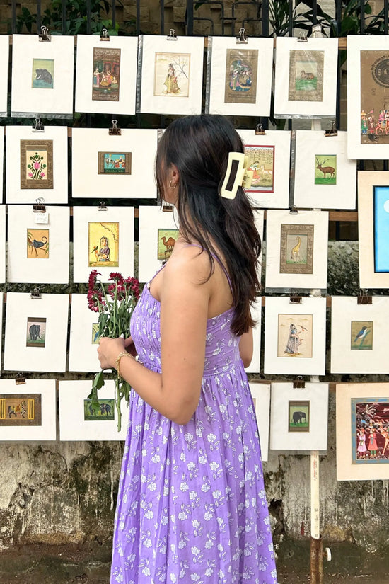 Purple Pure Cotton Hand-Printed Long Flower Maxi Dress with Pocket AMARAA