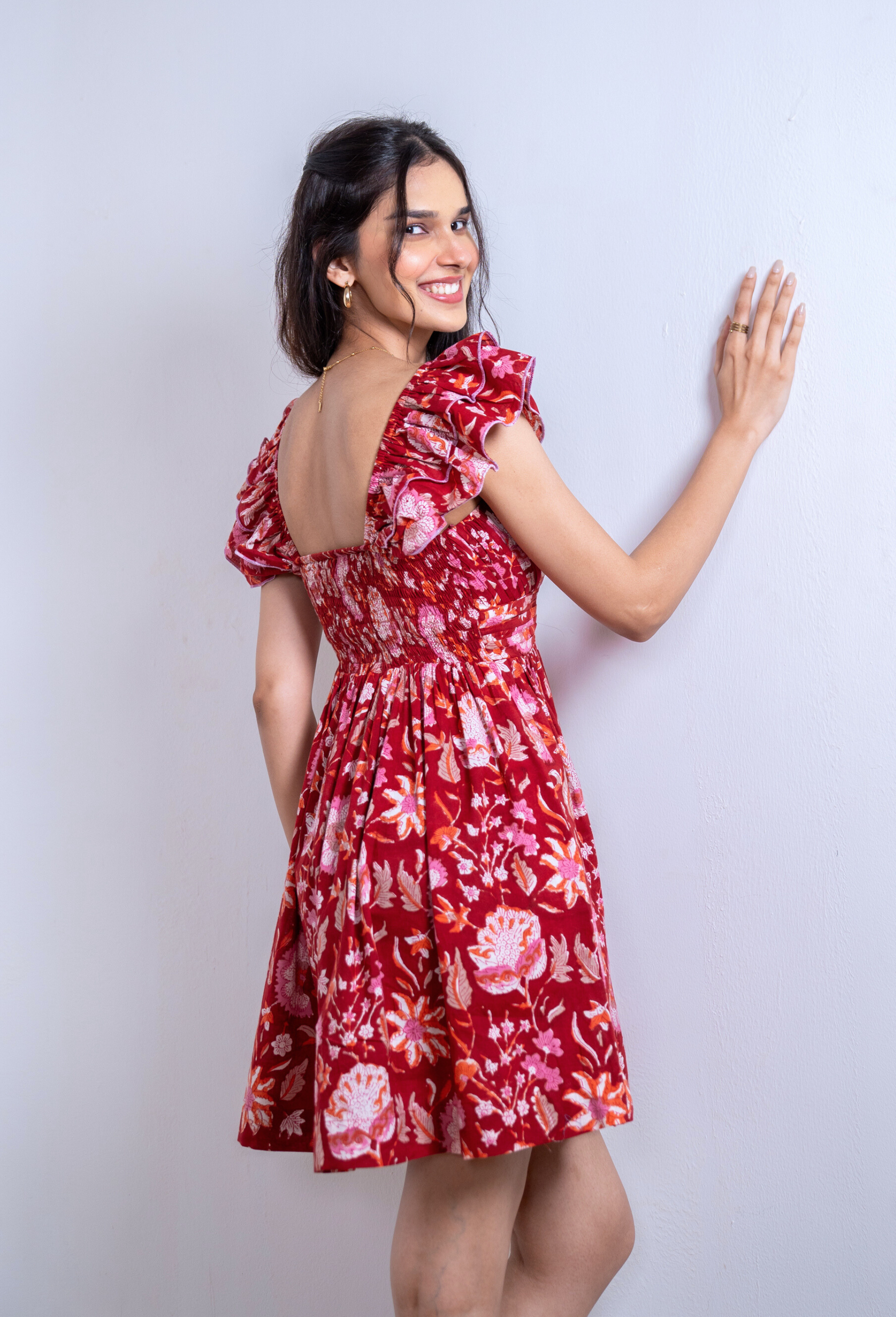 Red Hand Block Floral Printed Cotton Dress with Pocket