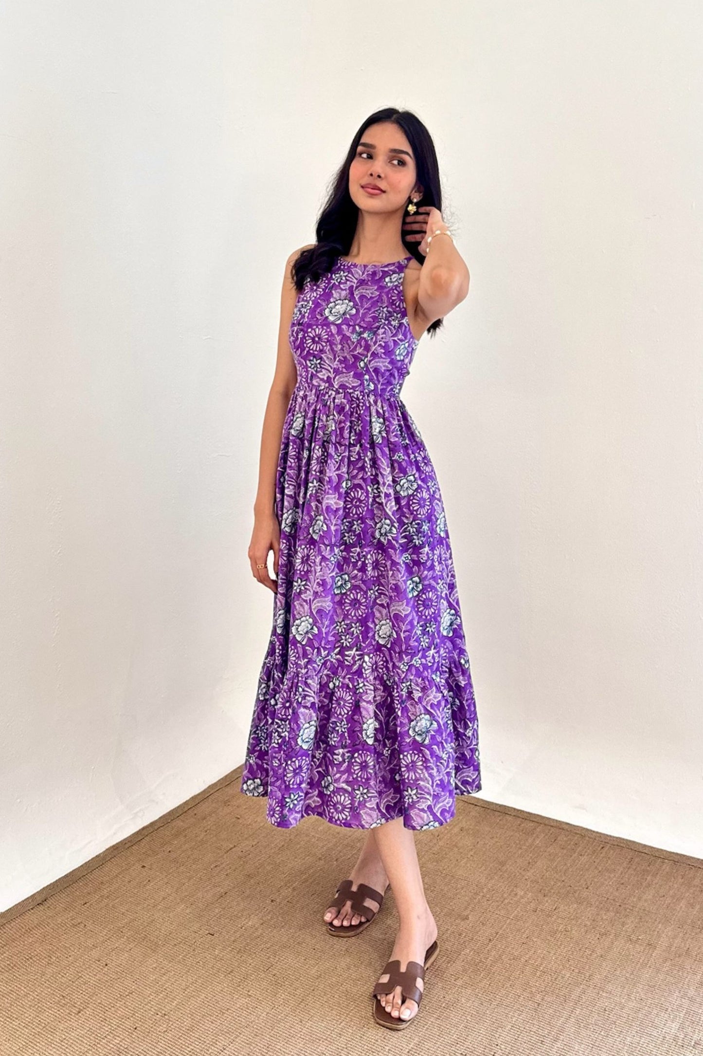 Purple Floral Hand Block Printed Cotton Dress with One Side Pocket LF-Collection