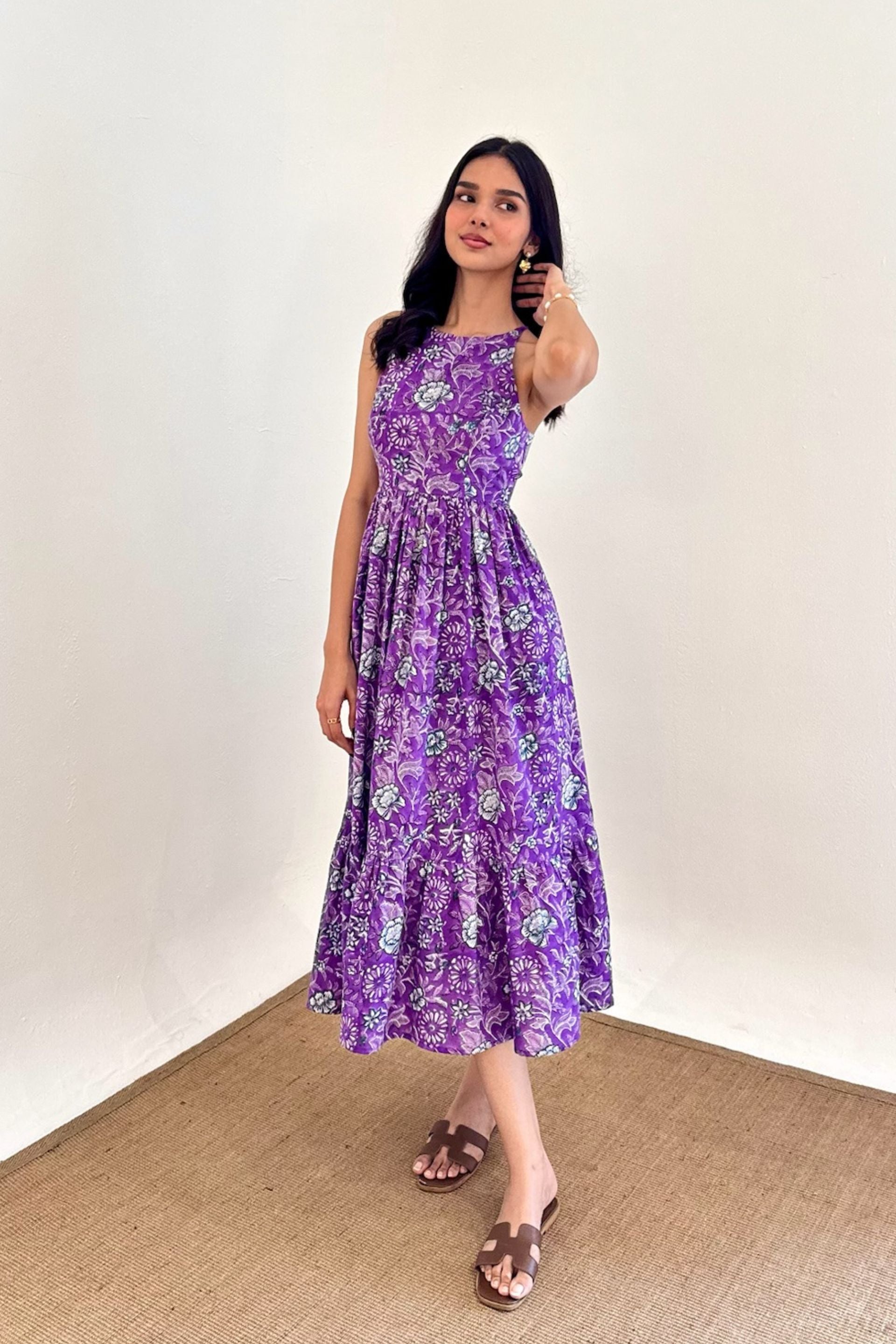 Purple Floral Hand Block Printed Cotton Dress with One Side Pocket LF-Collection