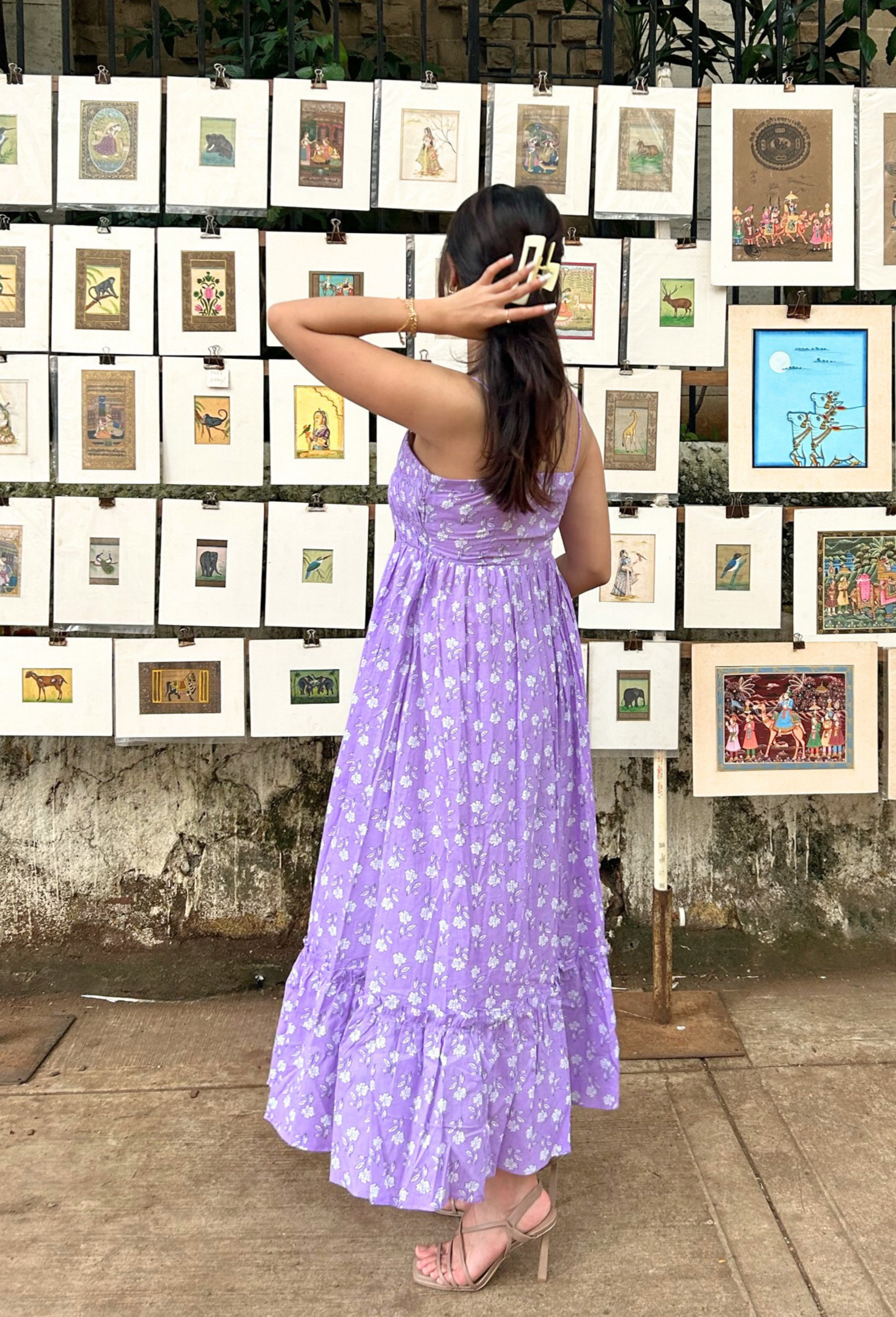 Lilac Pure Cotton Hand-Printed Long Flower Dress with Pocket AMARAA