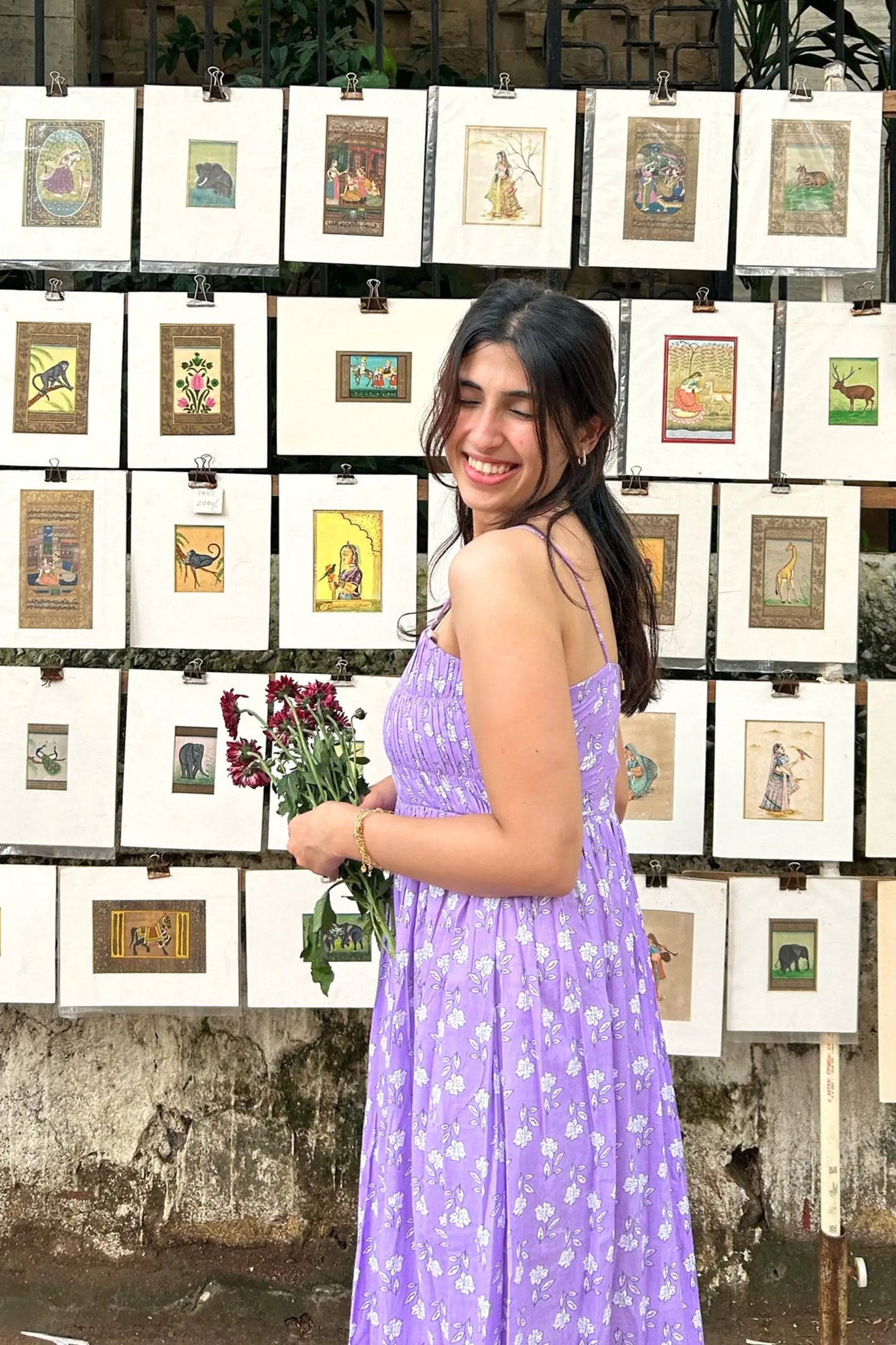 Purple Pure Cotton Hand-Printed Long Flower Maxi Dress with Pocket AMARAA