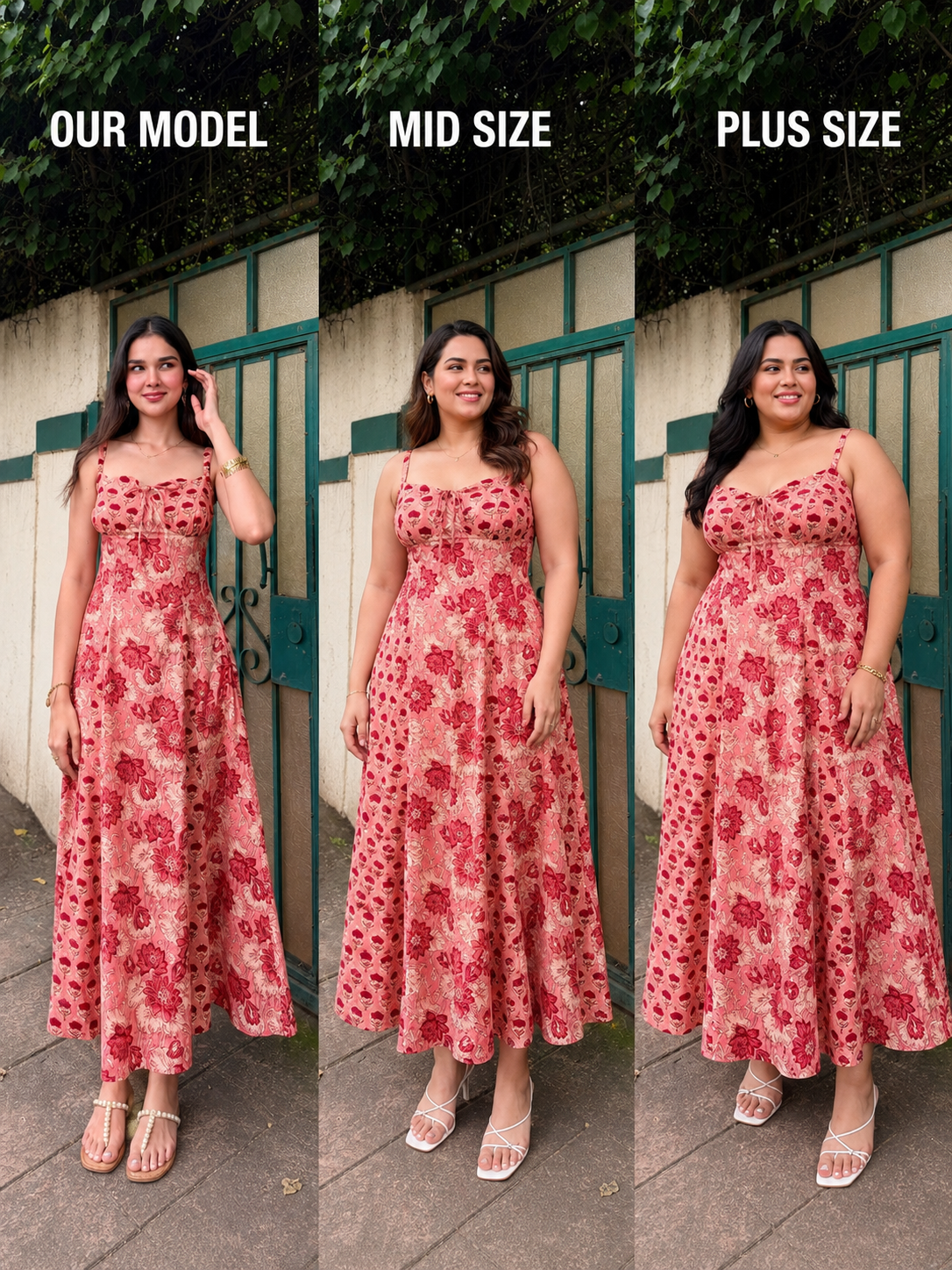 Red & Peach Floral Cotton Maxi Dress with Side Zipper & Back Smocking