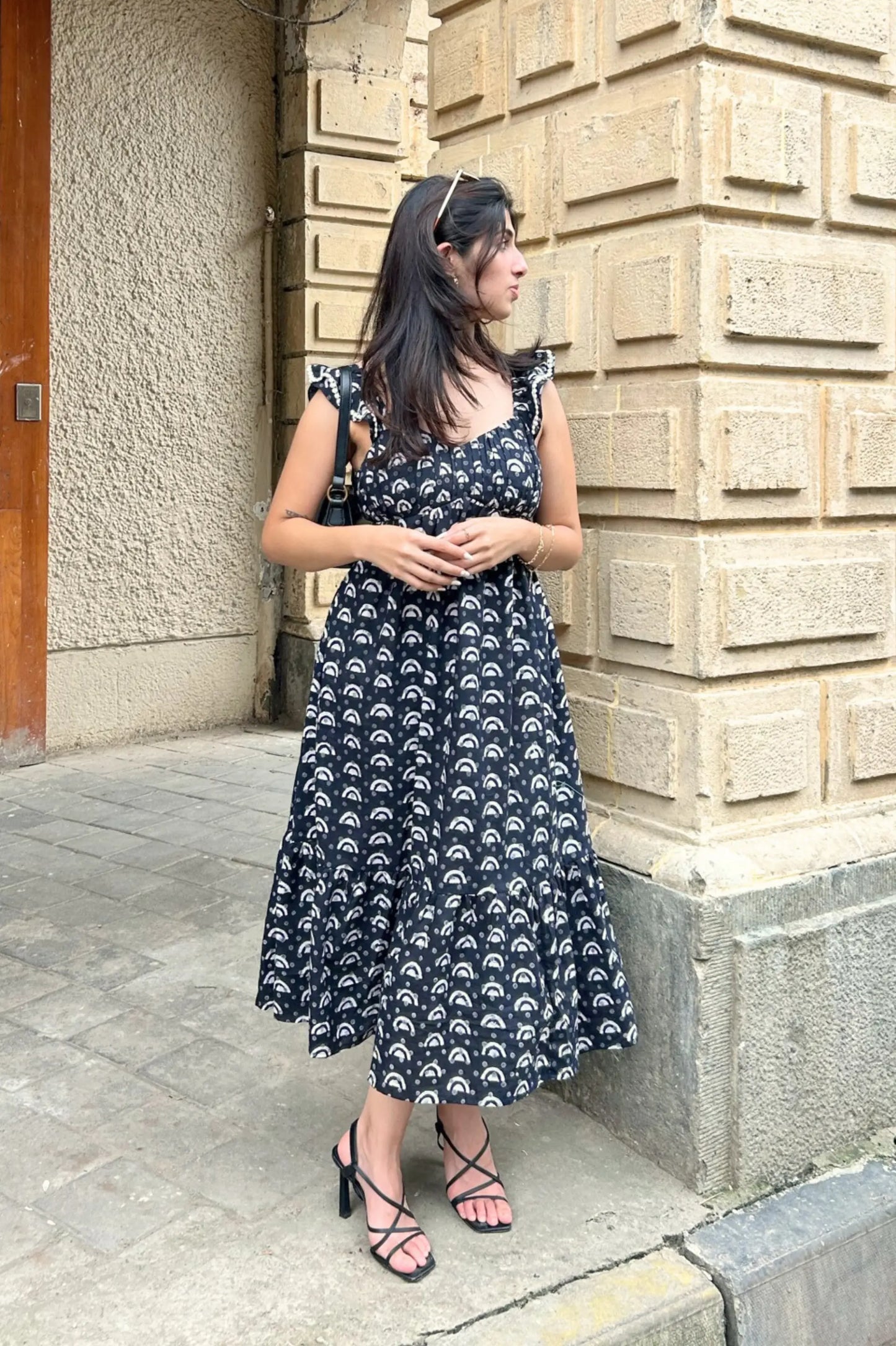 Black and White Geometric Hand-Block Printed Cotton Maxi Dress with AMARAA Black and White Geometric Hand-Block Printed Cotton Maxi Dress with AMARAA