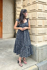 Black and White Geometric Hand-Block Printed Cotton Maxi Dress with Pocket AMARAA