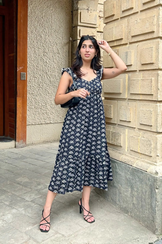 Black and White Geometric Hand-Block Printed Cotton Maxi Dress with Pocket AMARAA