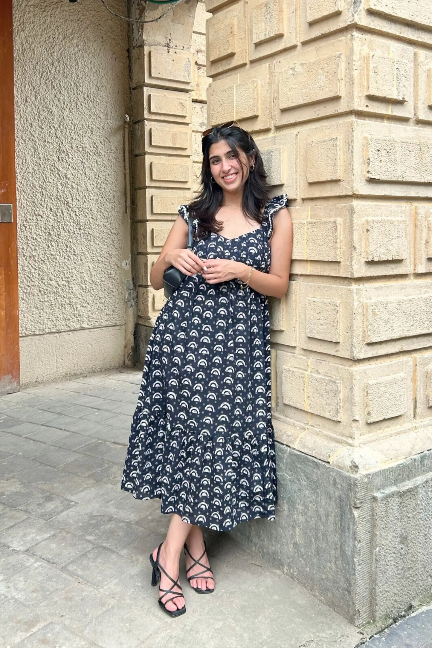 Black and White Geometric Hand-Block Printed Cotton Maxi Dress with Pocket AMARAA
