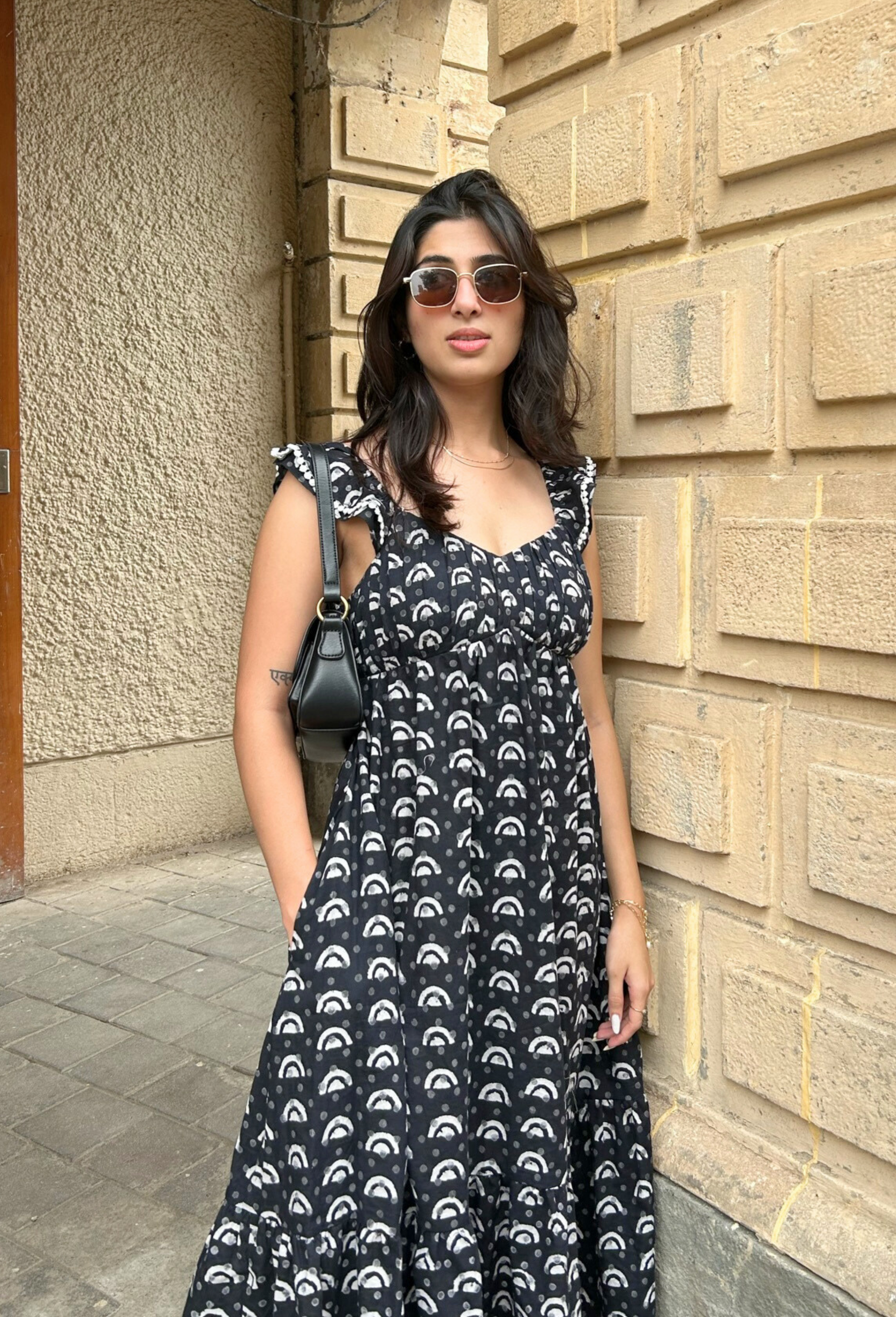 Geometric Hand-Block Printed Cotton Maxi Dress with Pocket