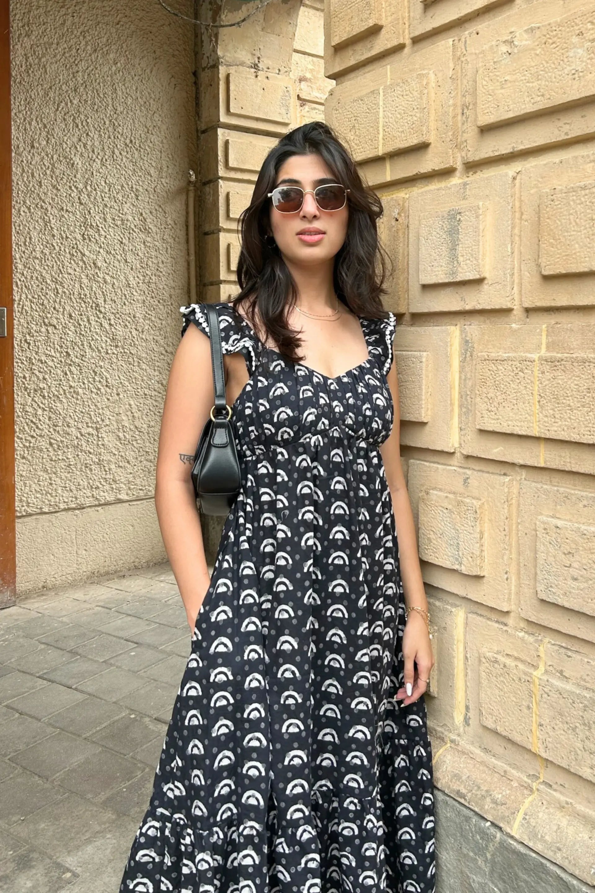 Black and White Geometric Hand-Block Printed Cotton Maxi Dress with Pocket AMARAA