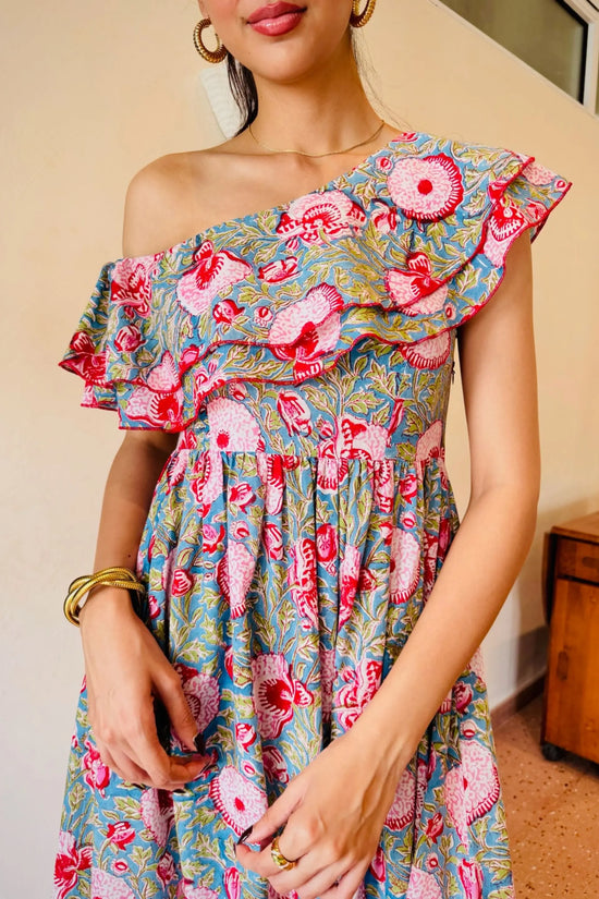 Blue & Red Floral One Side Drop Shoulder Frill Maxi Dress with One Side Pocket LF-Collection