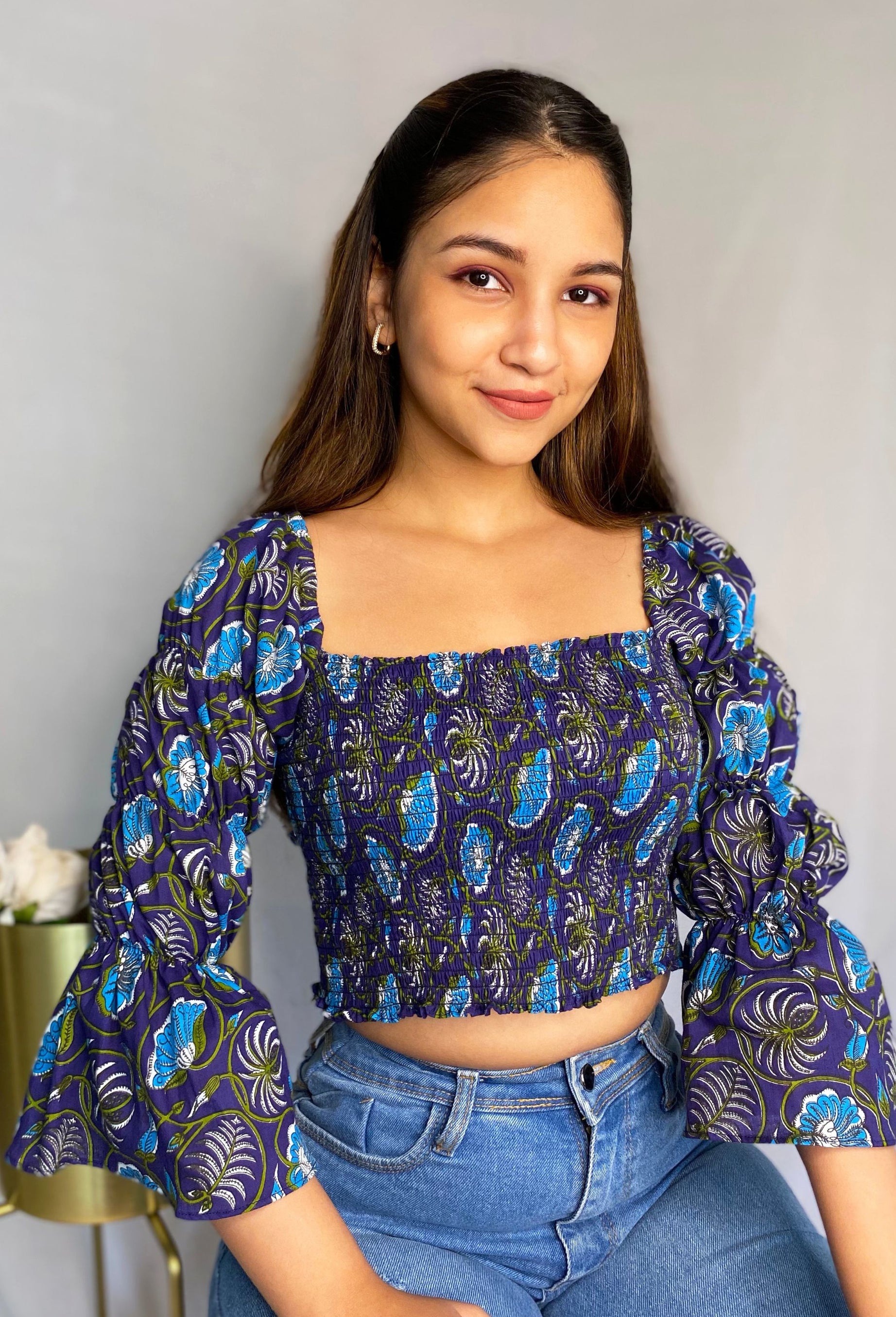 Smocked top from in a Blue Floral Print Crafted from Cotton