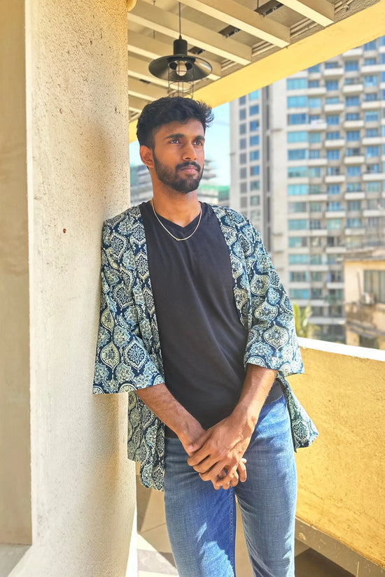 Freesize Unisex Ajrak Hand-Printed Cotton Shrug in Blue AMARAA