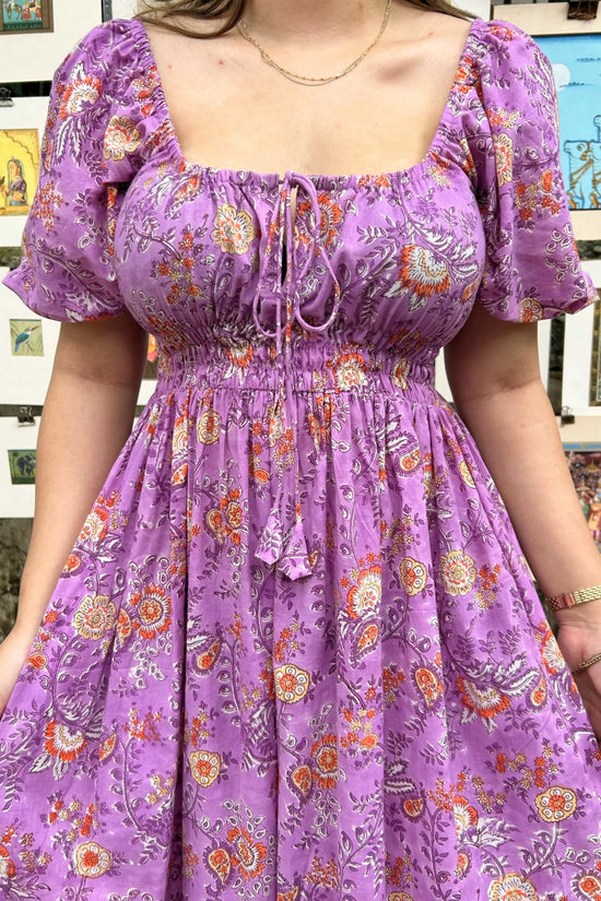 Lilac Floral Puff Sleeve Maxi Cotton Dress with Pocket AMARAA