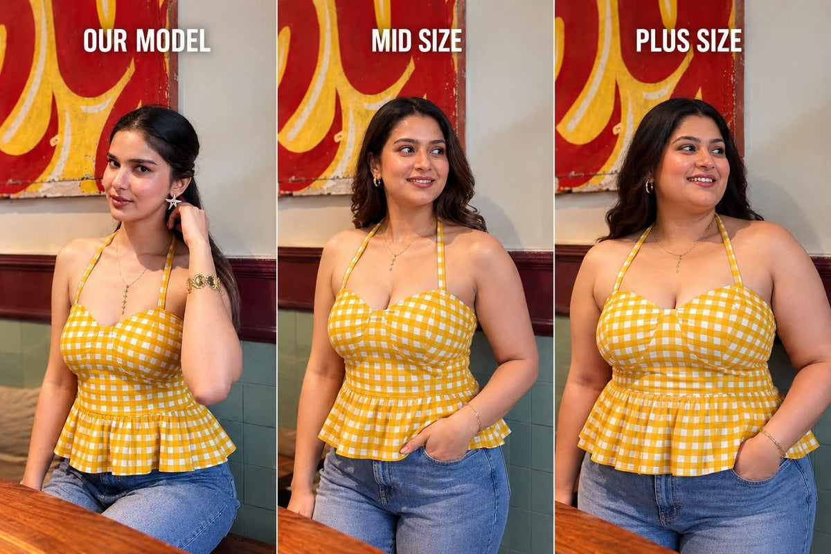 Mustard Yellow & White Checkered Cotton Halter Top with Tie-Up & Smocking