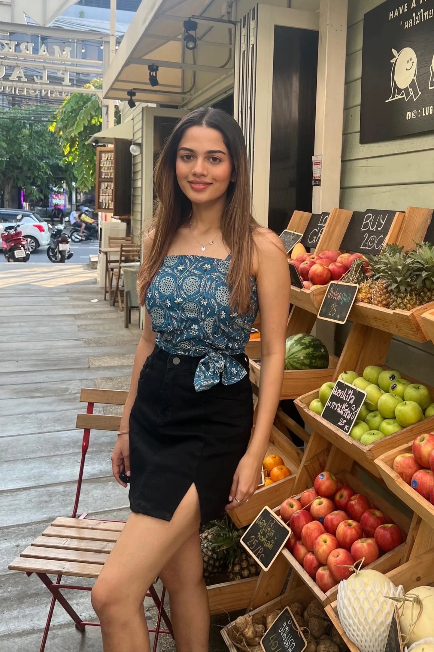 Blue Scarf Top with in a Floral Handprinted Cotton with Adjustable Straps AMARAA