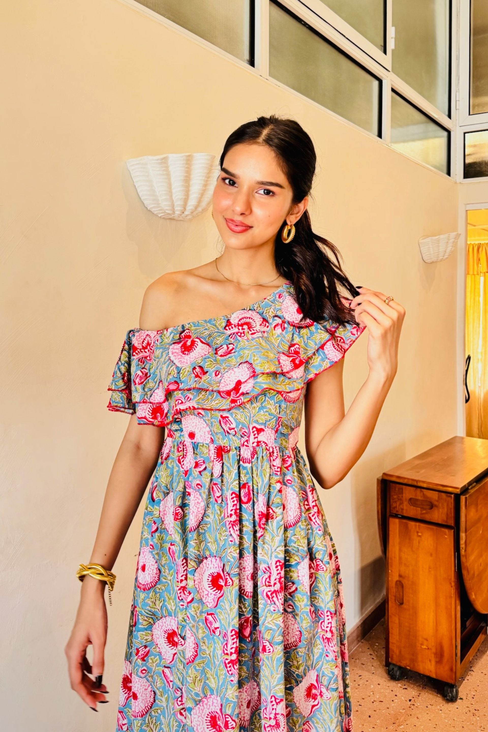 Blue & Red Floral One Side Drop Shoulder Frill Dress with One Side Pocket