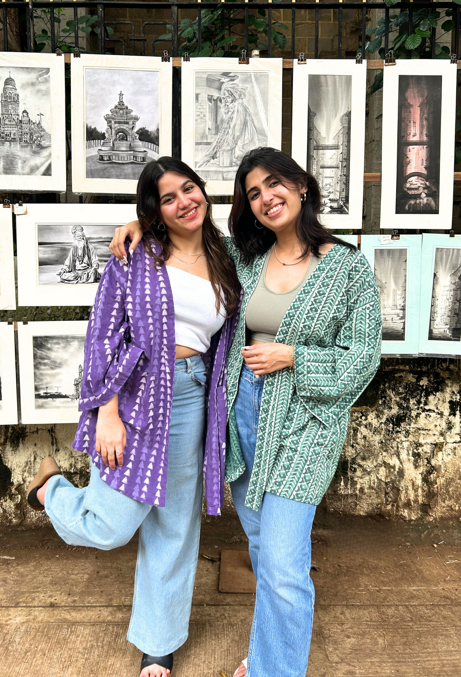 Free-Size Sage Hand-Blocked Cotton Sage Green Shrug - Free Size