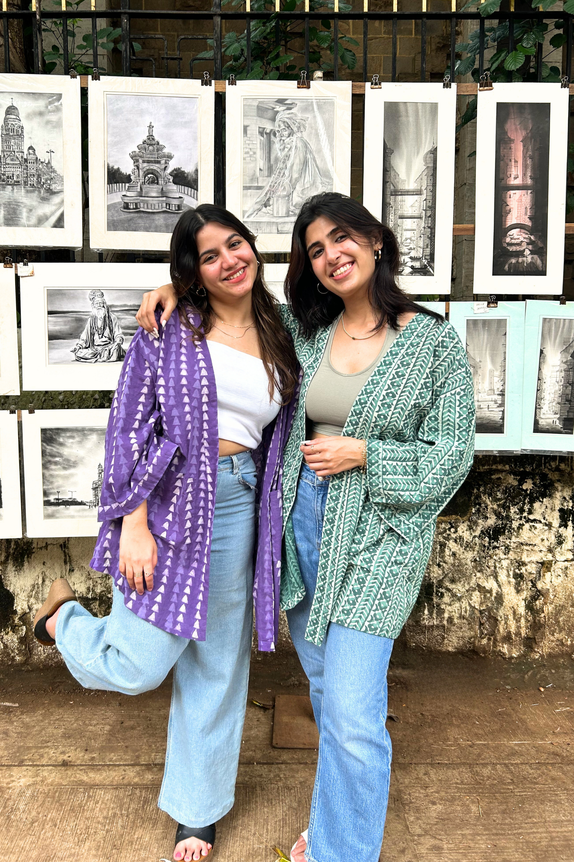 Free-Size Sage Hand-Blocked Cotton Sage Green Shrug - Free Size