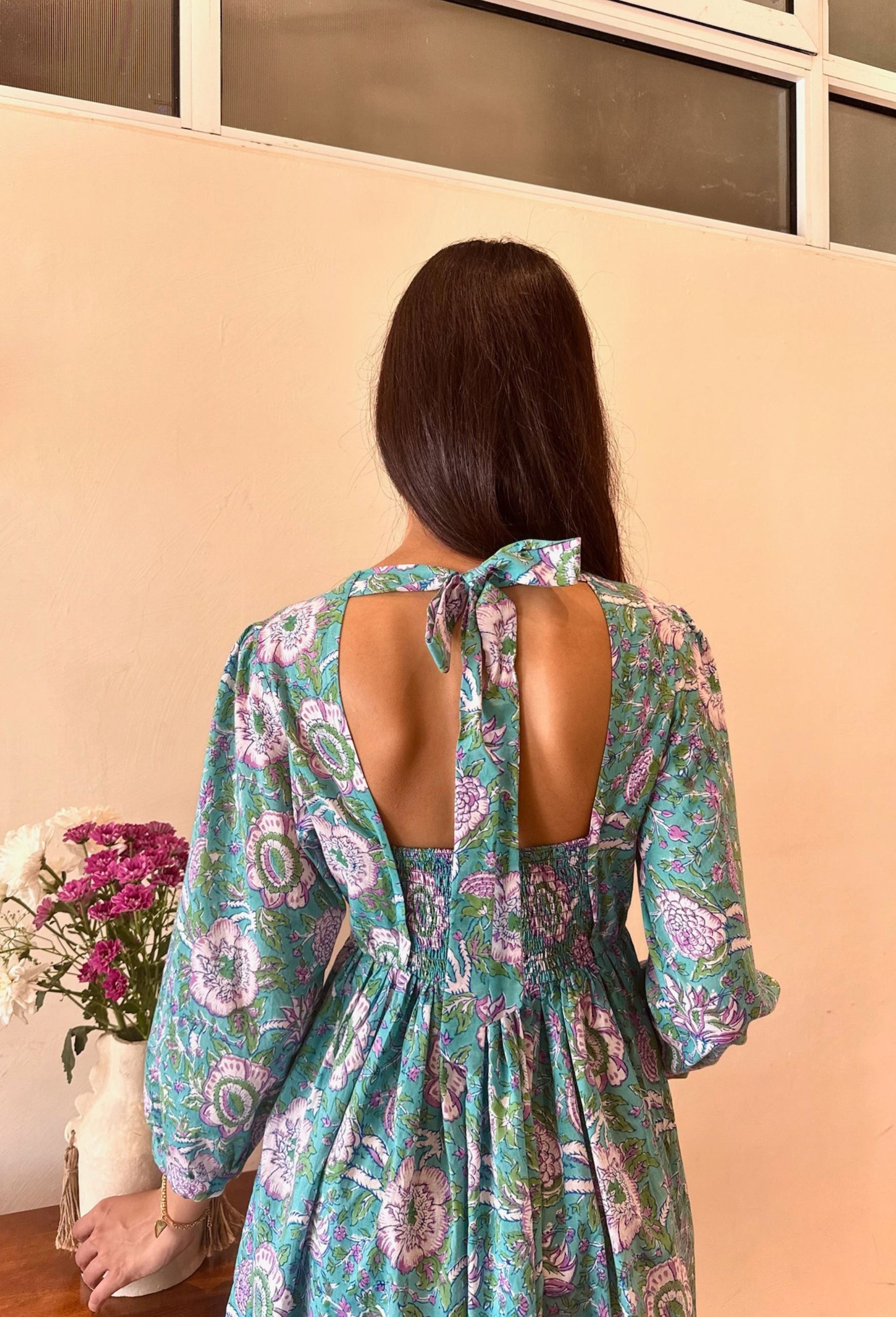 Teal Green & Purple Floral Cotton Dress with One Side Pocket