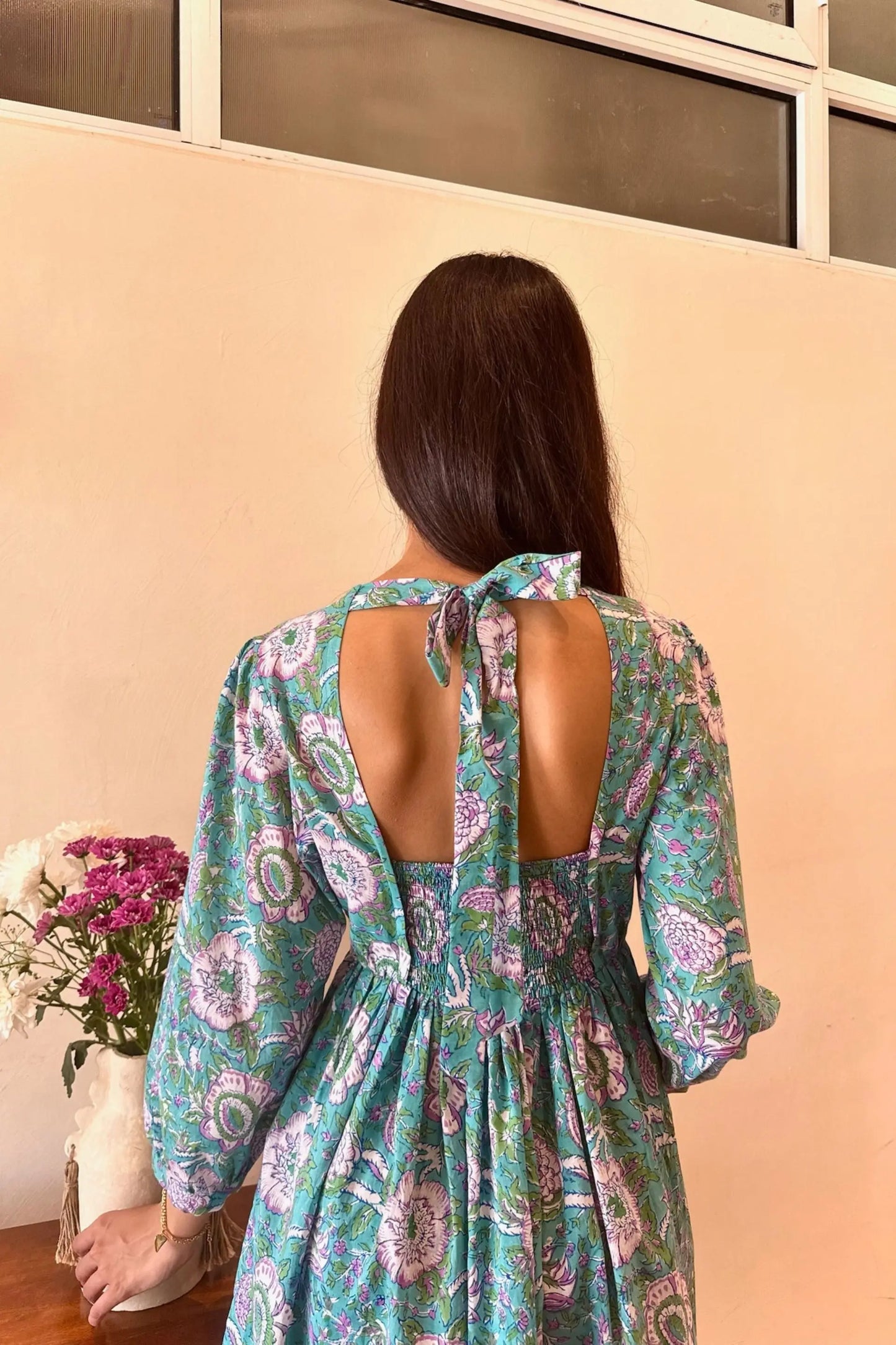 Teal Green & Purple Floral Cotton Short Dress with One Side Pocket and Lace Detailing LF-Collection