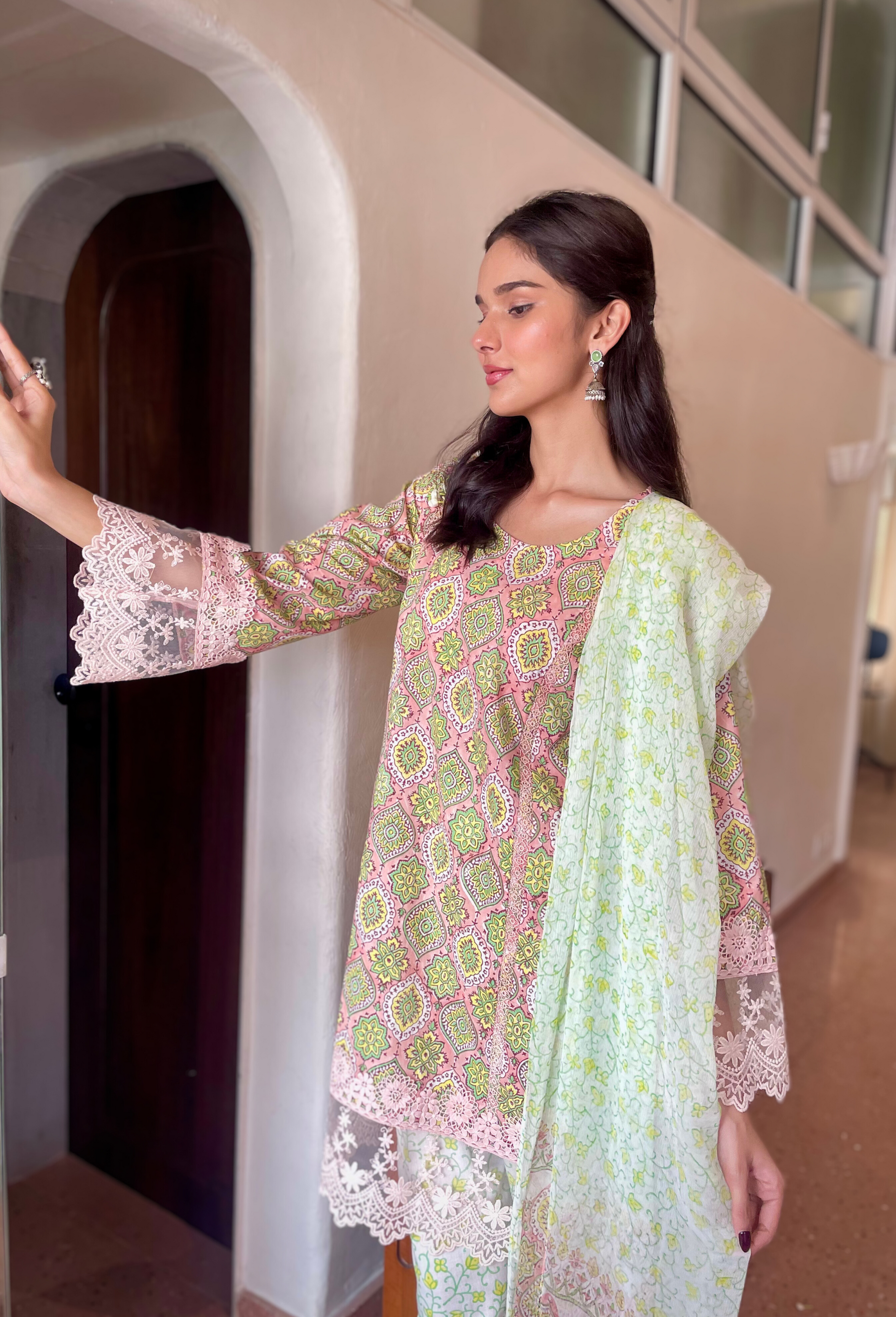 Pink and Green Kurta Set in Ajrak Print