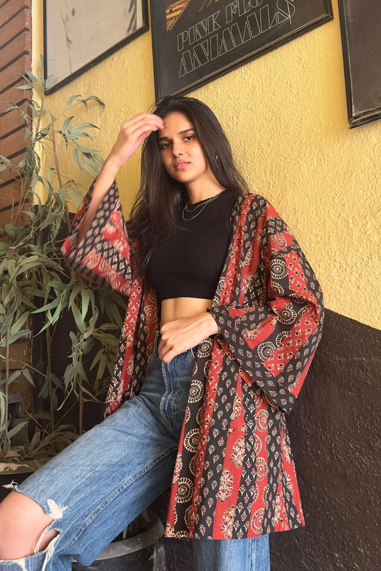Free-size Unisex Patchword Ajrak Print Black and Red Shrug AMARAA