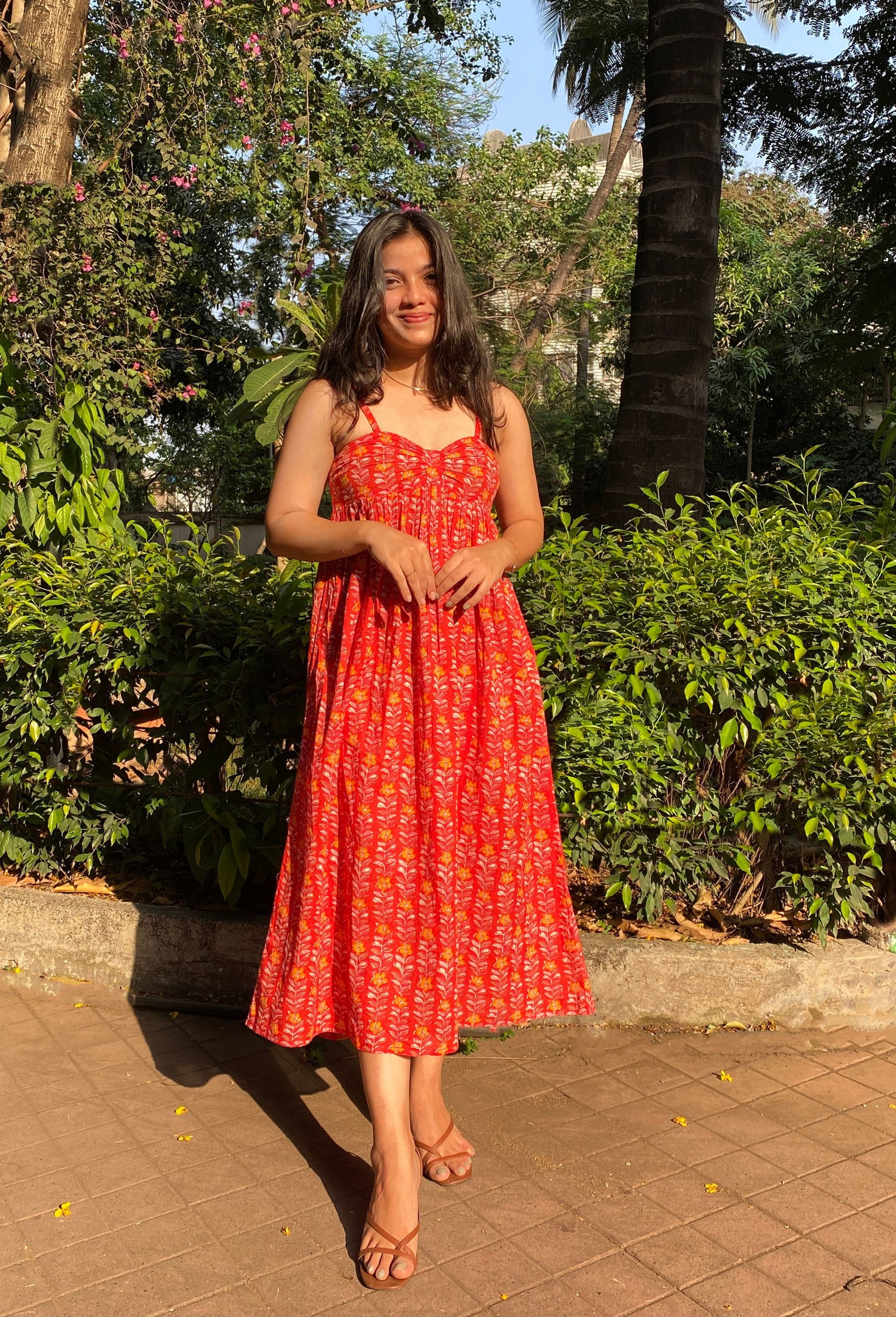 Crimson Red Floral Hand-Printed Cotton Maxi Dress with Pocket