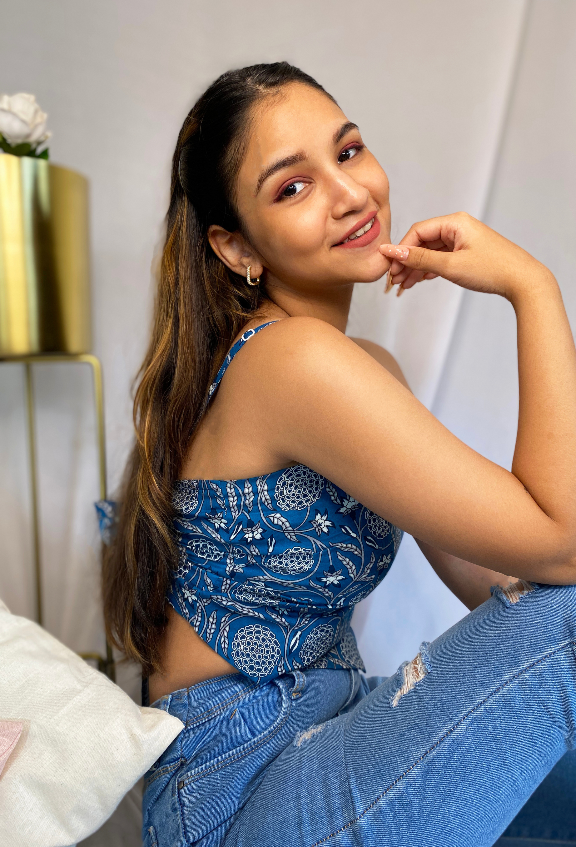 Blue Scarf Top with in a Floral Handprinted Cotton