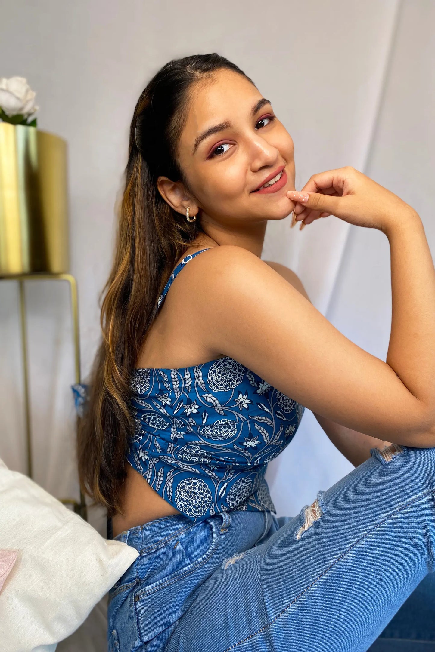 Blue Scarf Top with in a Floral Handprinted Cotton with Adjustable Straps AMARAA