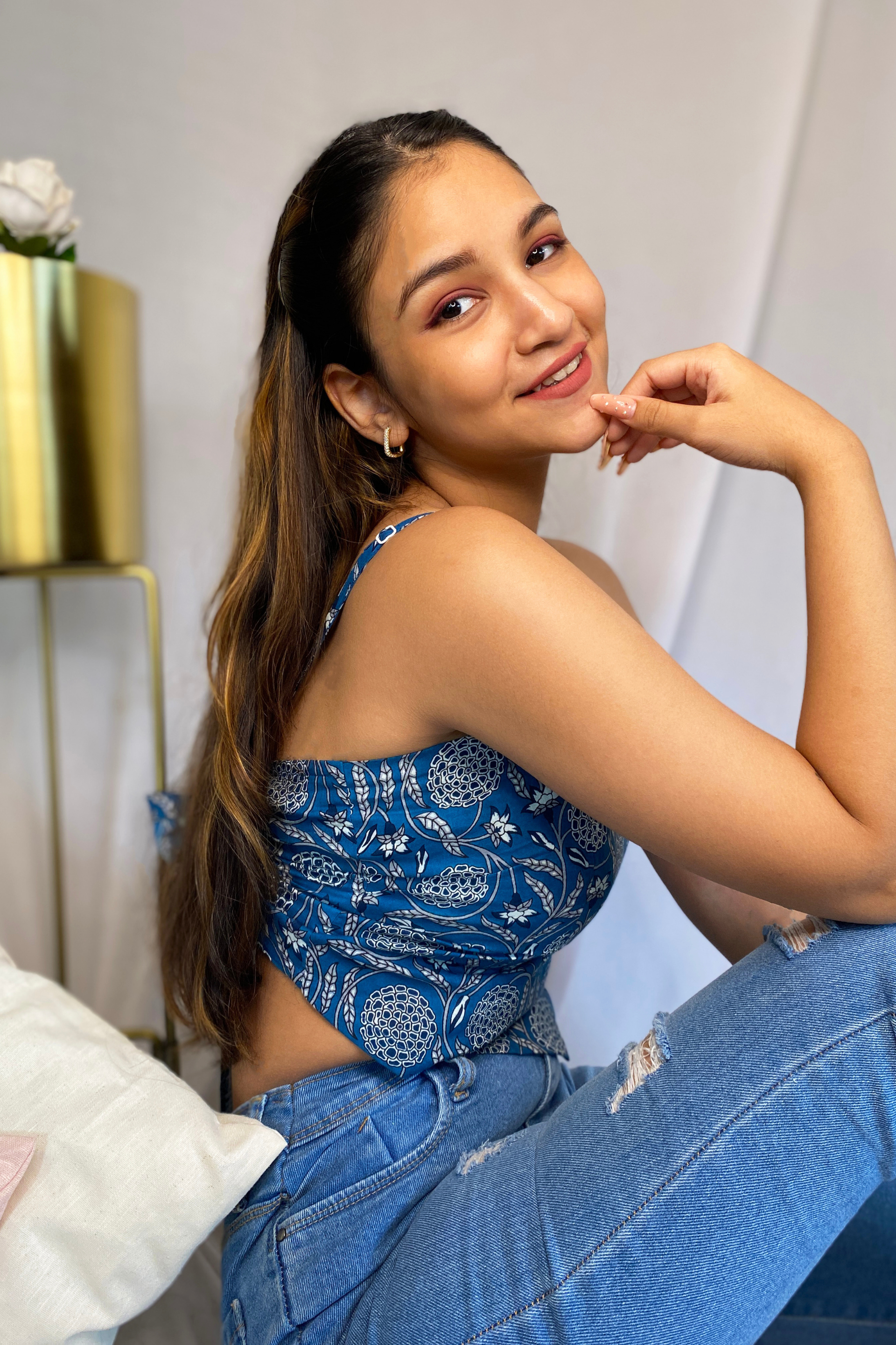 Blue Scarf Top with in a Floral Handprinted Cotton