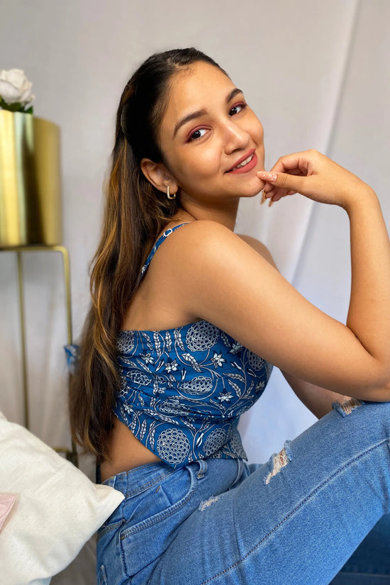 Blue Scarf Top with in a Floral Handprinted Cotton with Adjustable Straps AMARAA