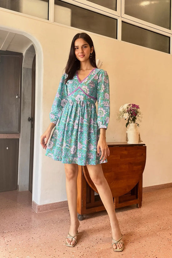 Teal Green & Purple Floral Cotton Short Dress with One Side Pocket and –  AMARAA