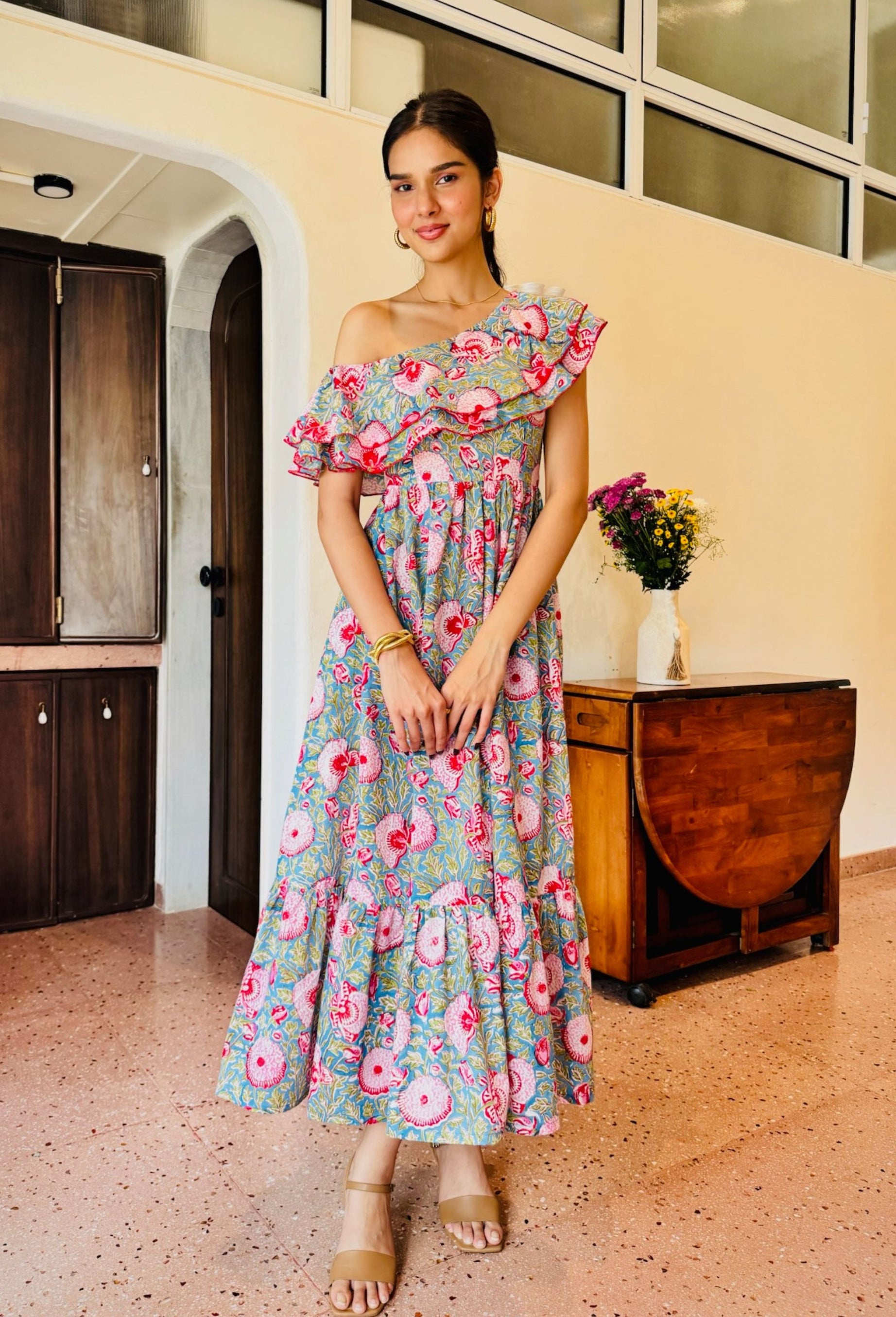 Blue & Red Floral One Side Drop Shoulder Frill Dress with One Side Pocket