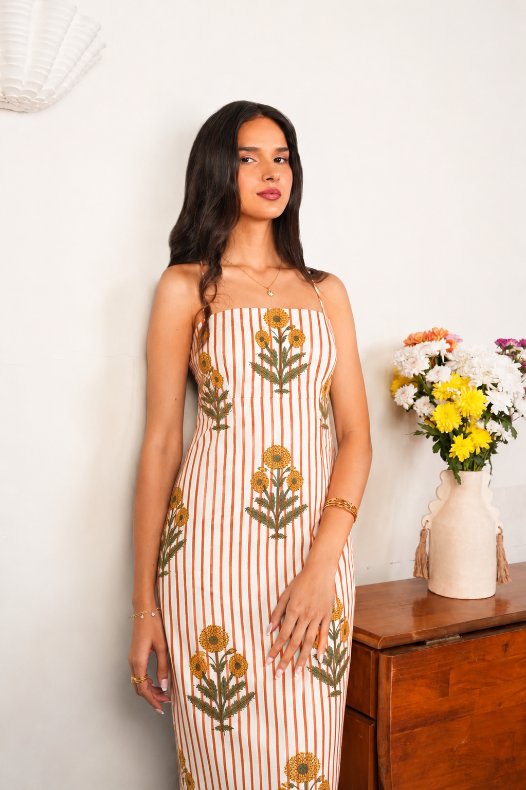 White & Orange Stripe Floral Cotton Maxi Dress with Slit
