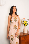 White & Orange Stripe Floral Cotton Maxi Dress with Slit