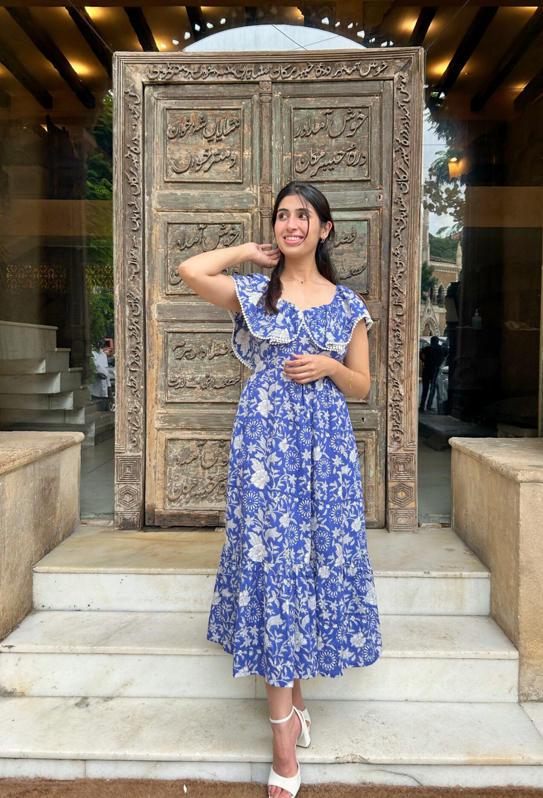 Blue and White Hand Printed Maxi Dress with Pocket