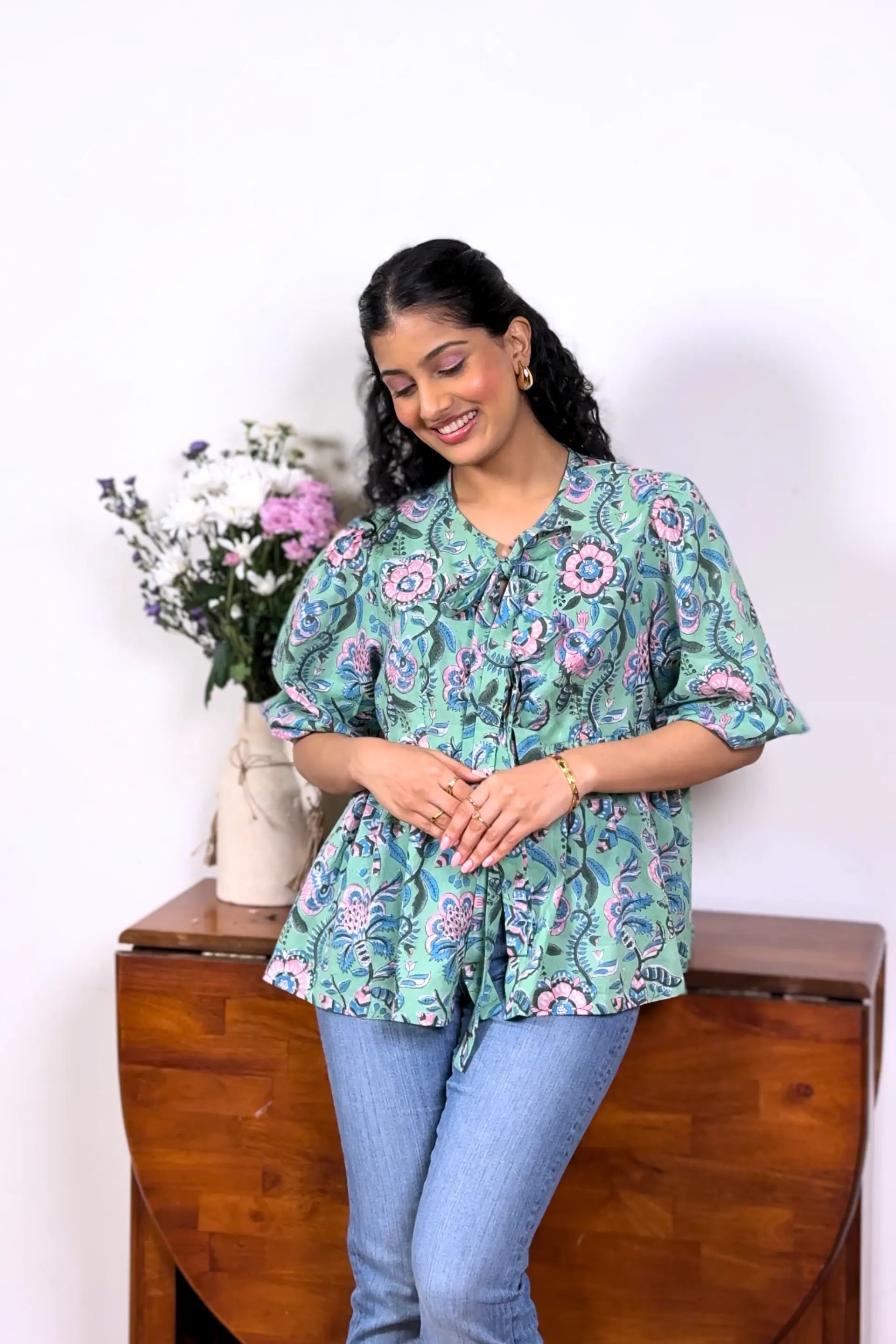 Hand Block Floral Print Green Front Bow Tie Up Top RESORT'24