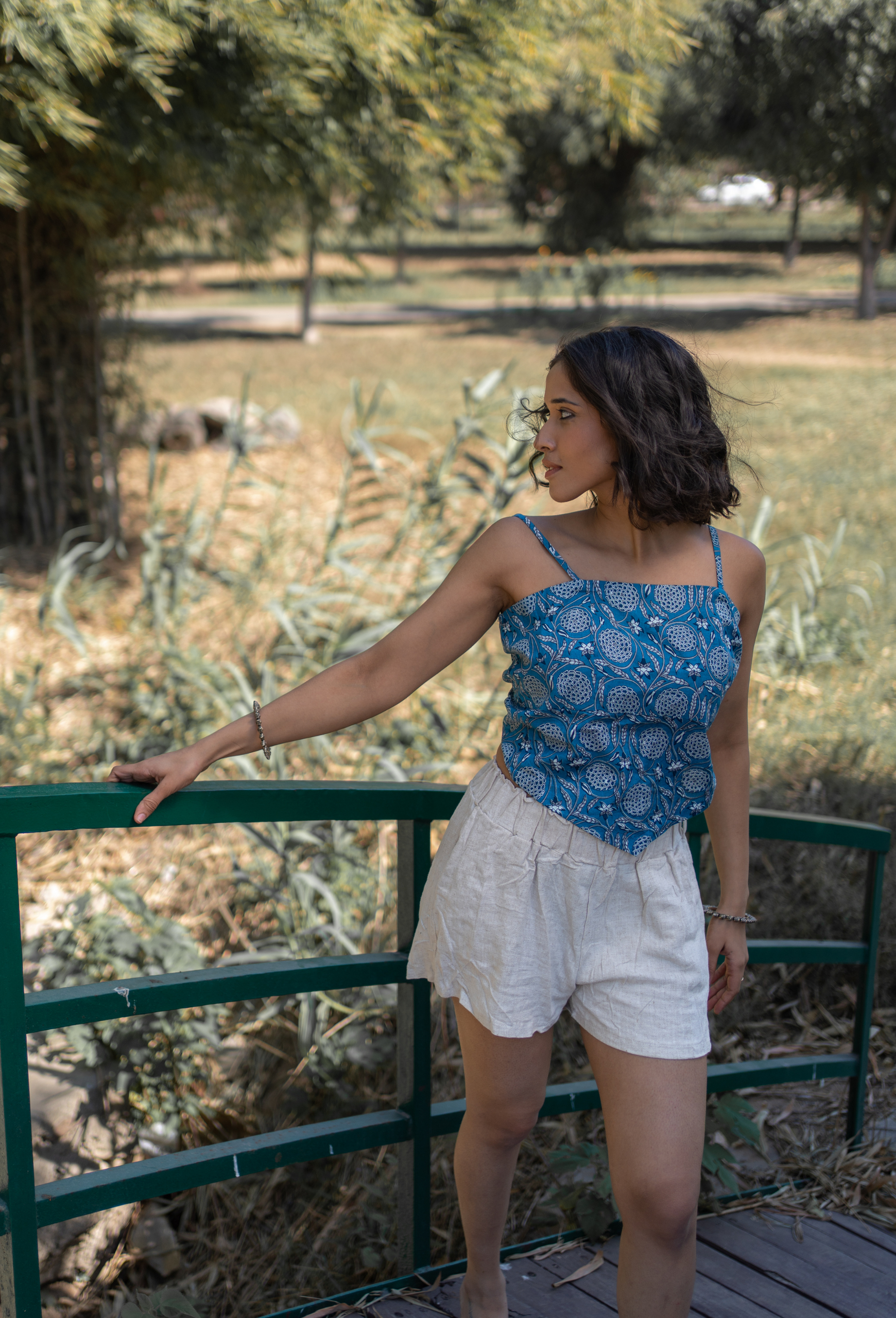 Blue Scarf Top with in a Floral Handprinted Cotton
