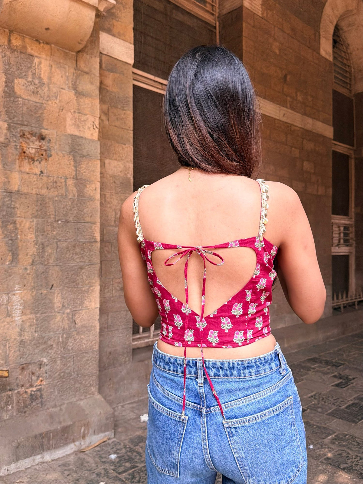 Red Floral Top with  Lace Straps & Heart Back Tie-Up