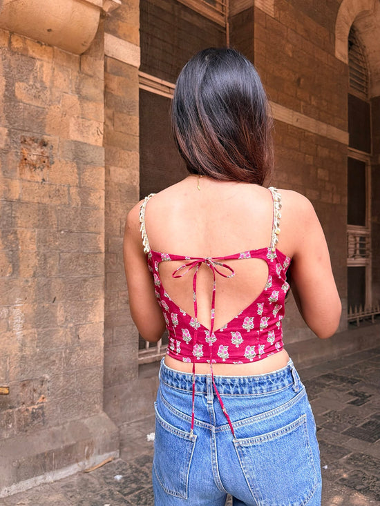 Red Floral Top with  Lace Straps & Heart Back Tie-Up