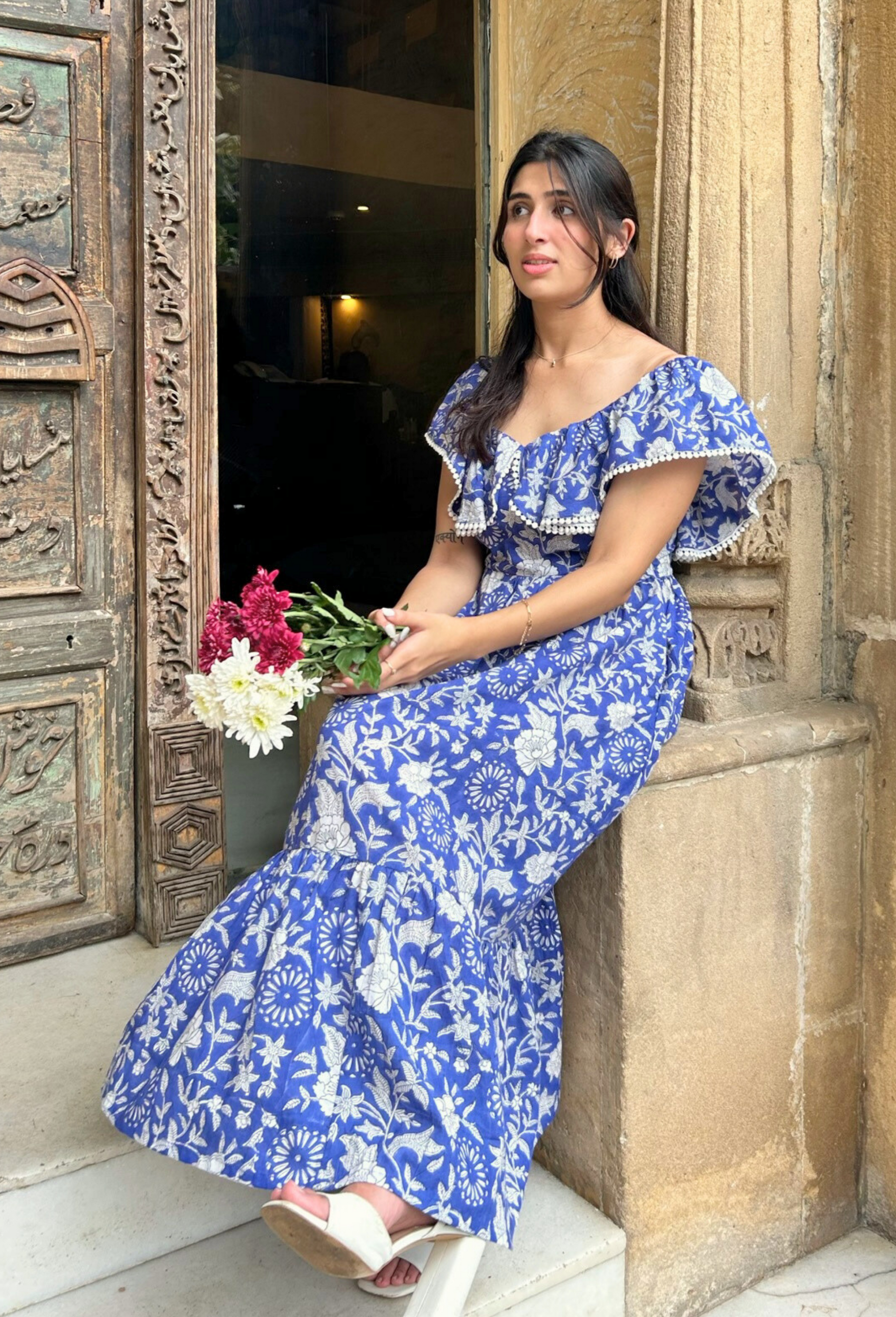 Blue and White Hand Printed Maxi Dress with Pocket