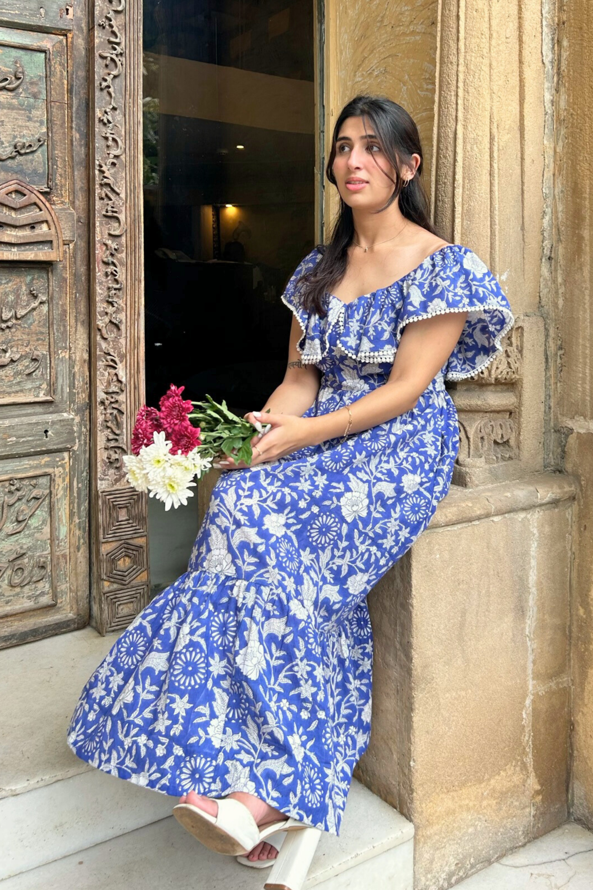 Blue and White Hand Printed Maxi Dress with Pocket