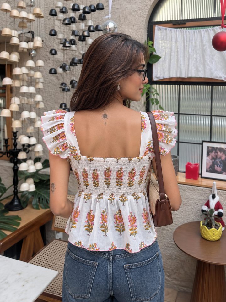 White Floral Peplum Top with Back Smocking